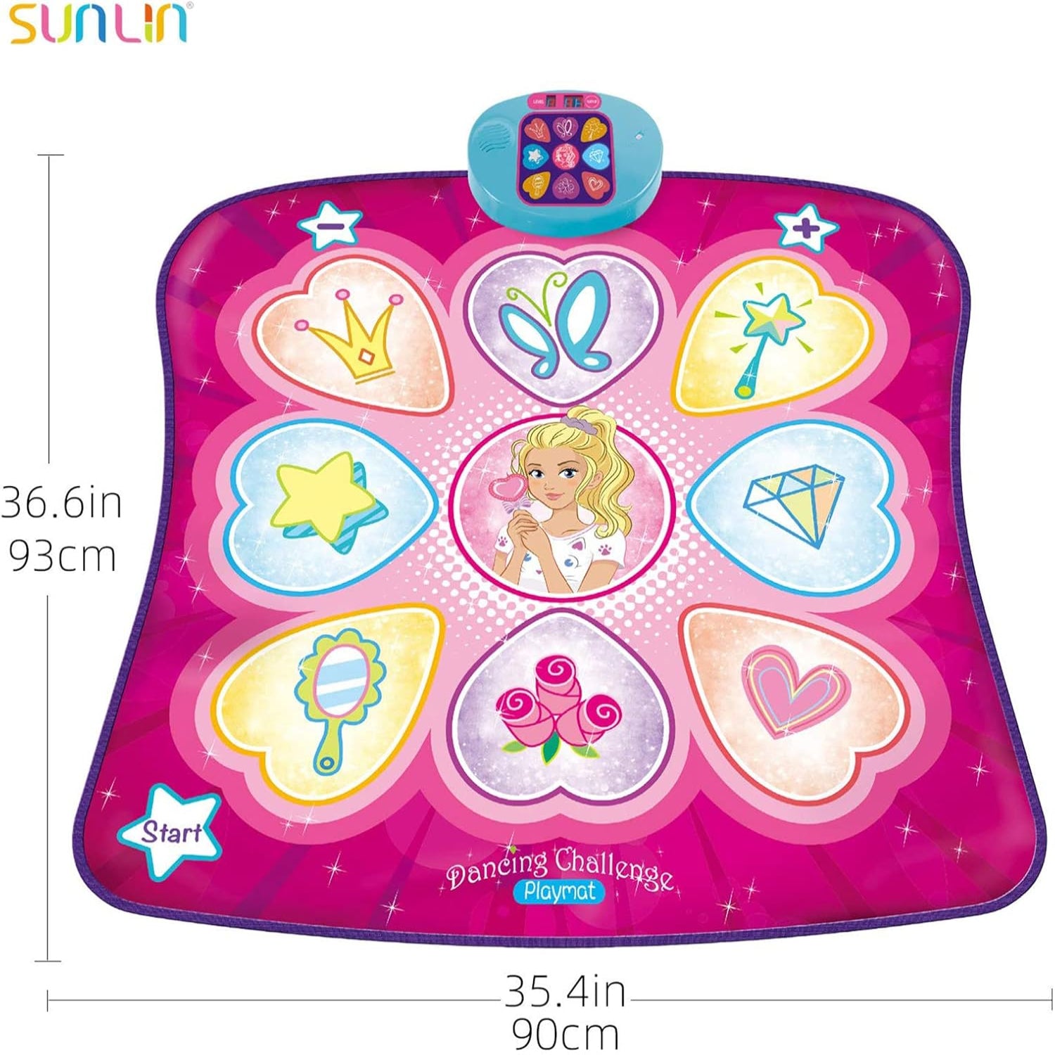 SUNLIN Dance Mat with LED lights, rhythm step play mat for dance game toy, showing colorful illuminated stepping zones.