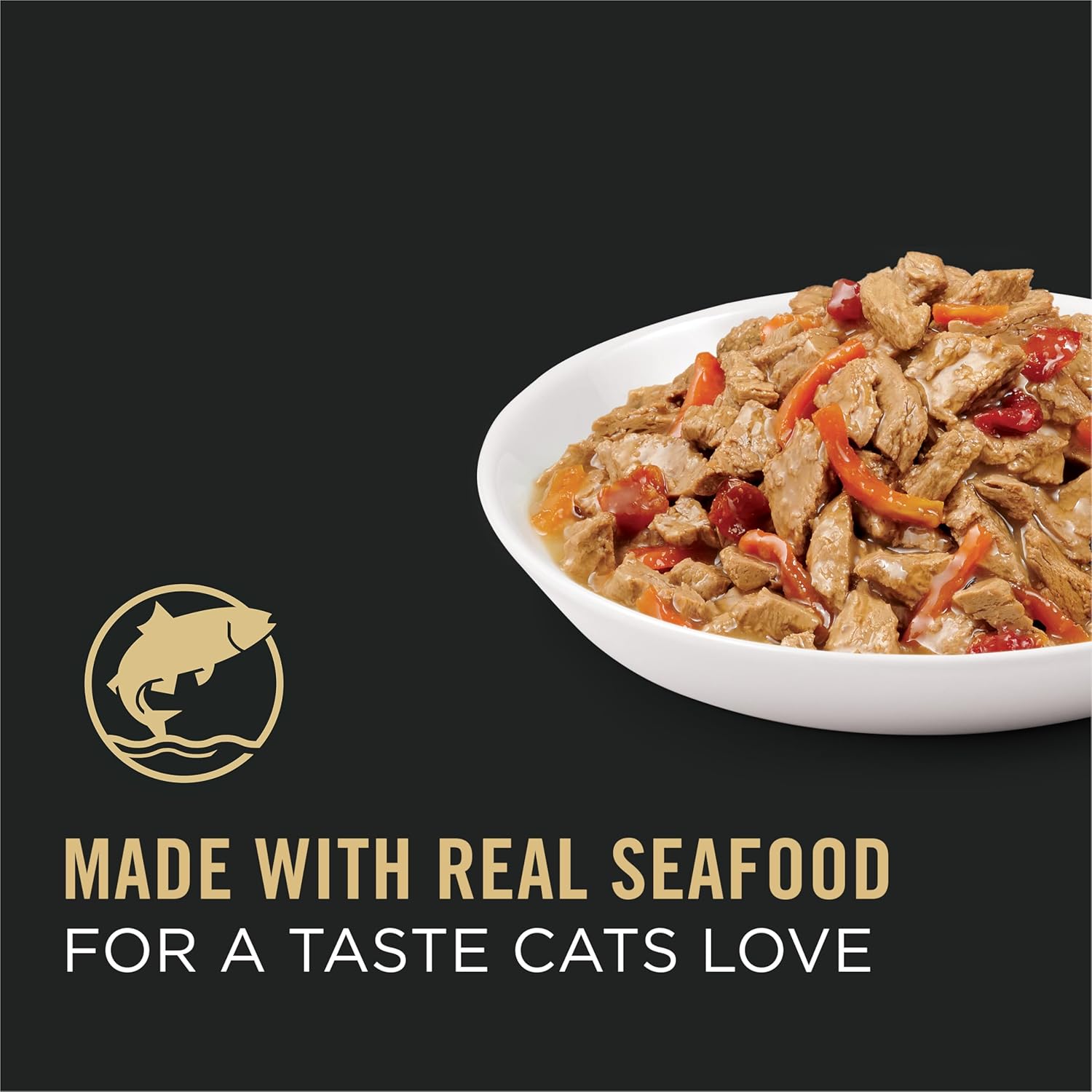 Purina Pro Plan Gravy Wet Cat Food in seafood stew flavor, featuring a bowl of moist cat food with seafood pieces and gravy.