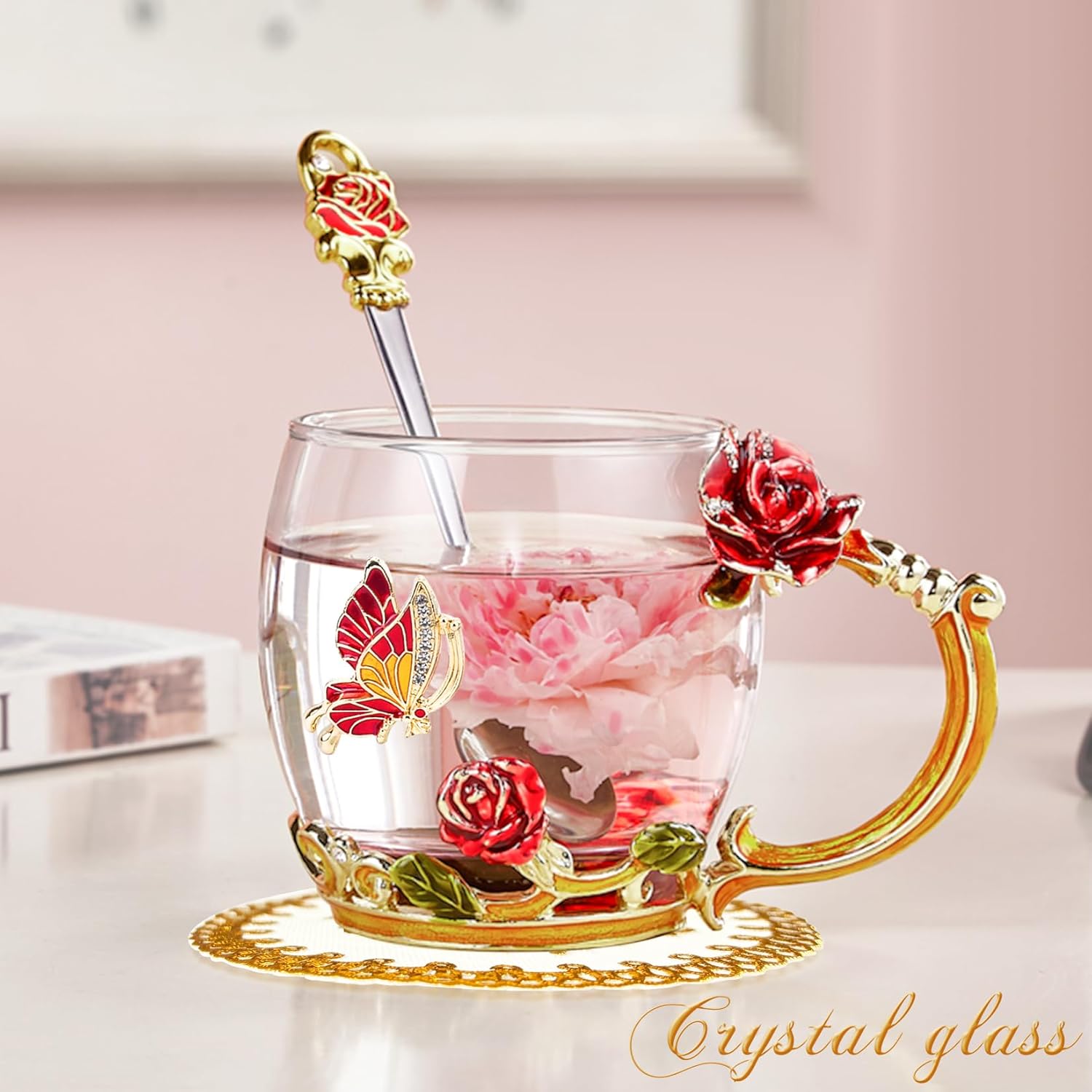 OEAGO glass coffee mug with colorful enamel design, perfect Mother’s Day or Valentine’s Day gift for women.