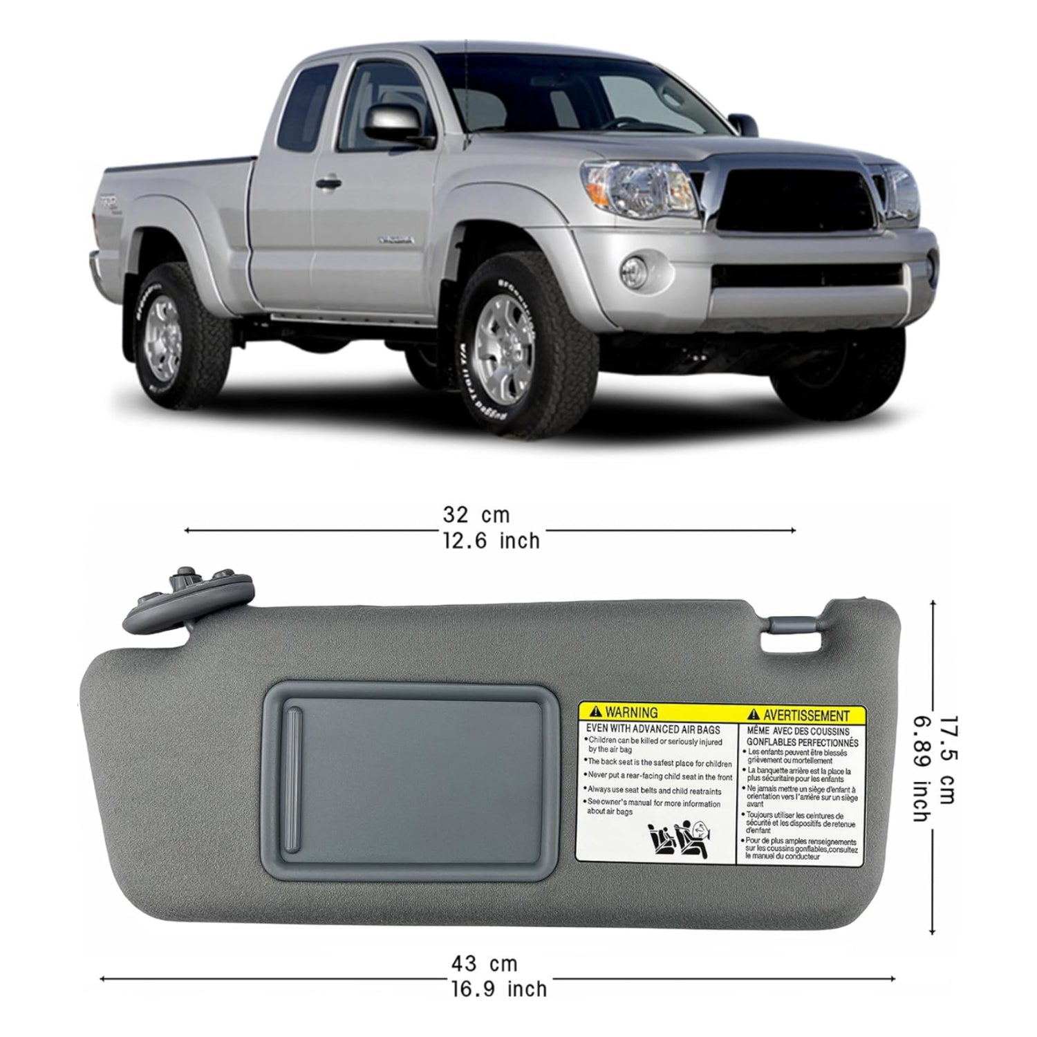 GlymXia sun visor with clips for 2005-2015 Toyota Tacoma, driver and passenger side, showing the visor and clip attachment.