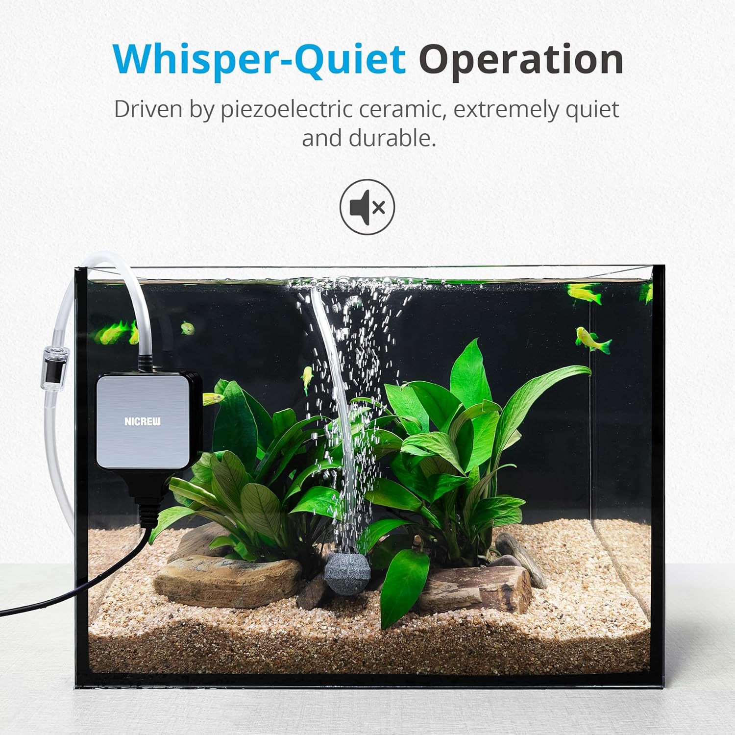 NICREW Nano Silent Aquarium Air Pump in black, compact aquarium aerator for oxygen circulation and water aeration.