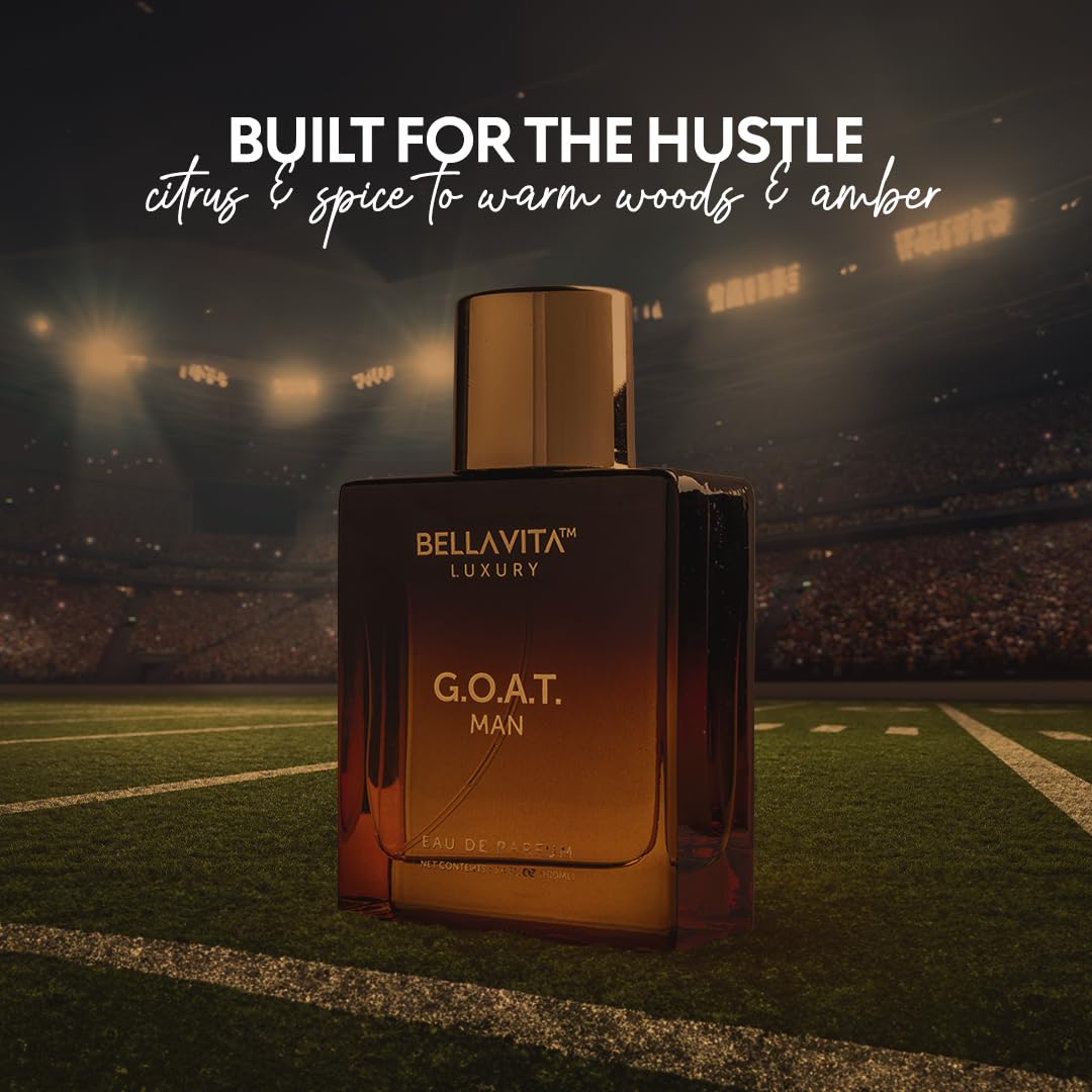 BellaVita Luxury G.O.A.T. men's Eau De Parfum bottle with elegant design, showcasing natural refreshing notes in 3.4 fl oz size.
