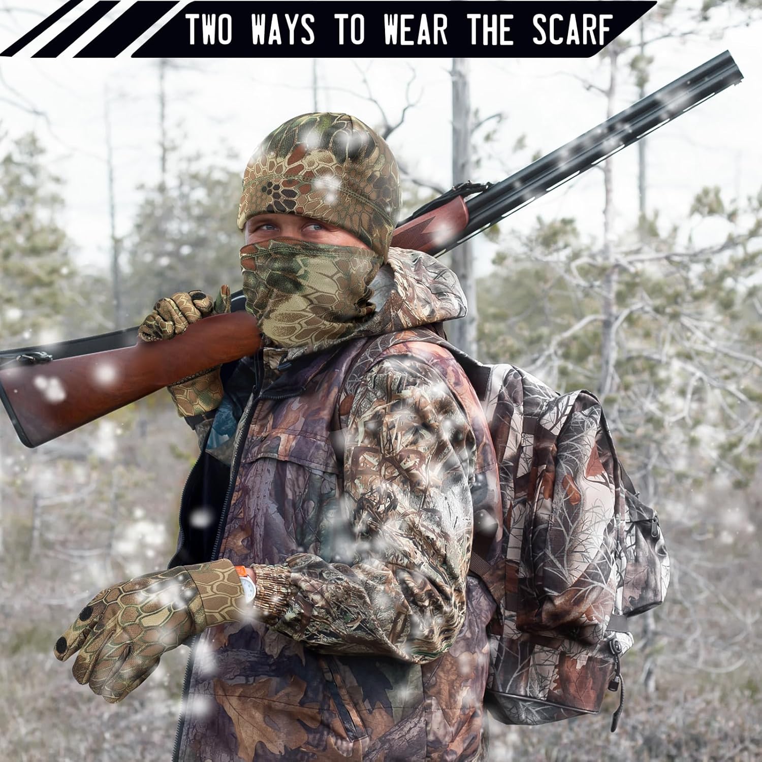 Janmercy 3-piece camo hunting gloves, beanie, and neck gaiter set for men and women, ideal for outdoor camouflage activities.