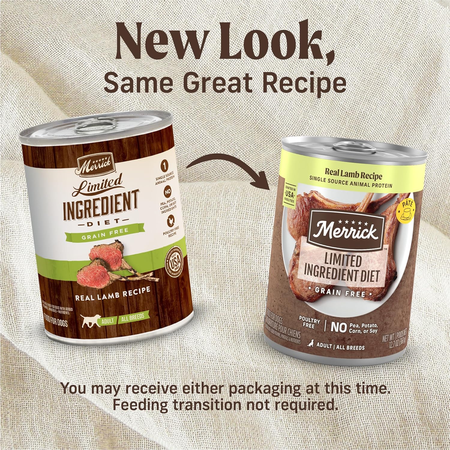 Merrick limited ingredient grain-free wet dog food in a can, featuring a wholesome, natural dog meal with fresh ingredients.