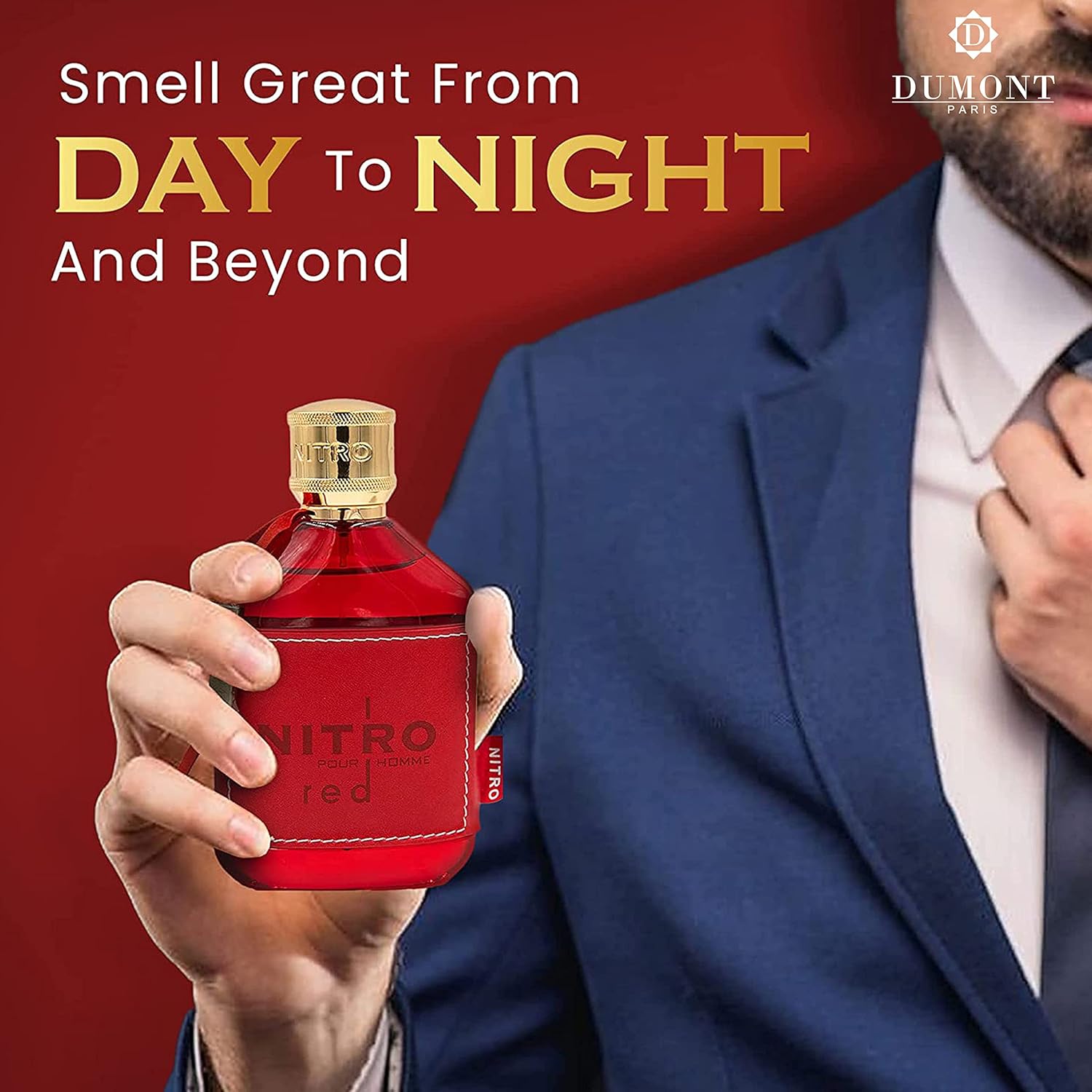 Dumont NITRO RED Eau De Parfum for men, 3.4oz, featuring a fruity and woody scent with luxury perfume packaging.
