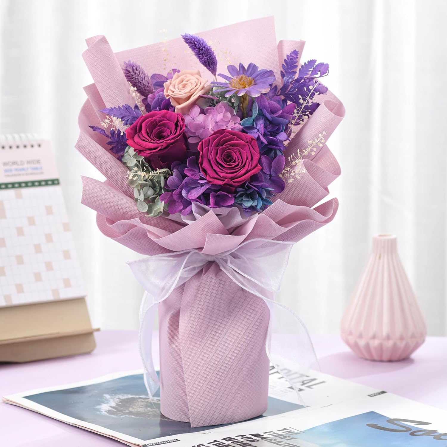 Purple preserved rose bouquet from Lovenfold with lush flowers, perfect for elegant flower delivery.