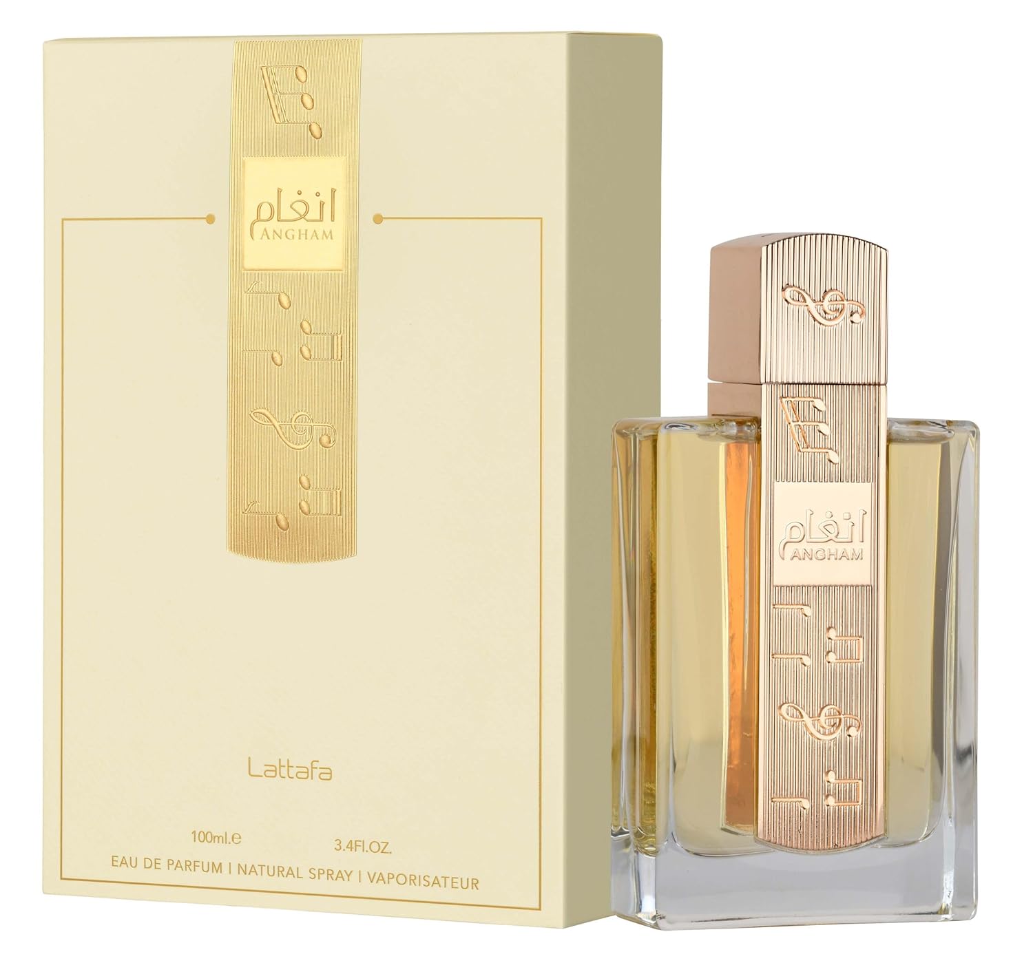 Lattafa Angham Eau de Parfum bottle with citrus, lavender, musk, amber, and vanilla notes, displayed on a neutral background.