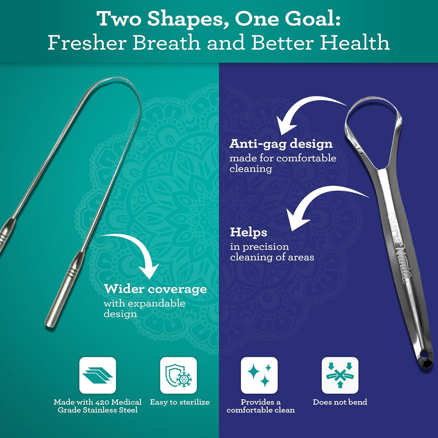 GuruNanda tongue scraper variety pack with spoon and U-shaped designs, includes travel case, for oral hygiene and fresh breath.