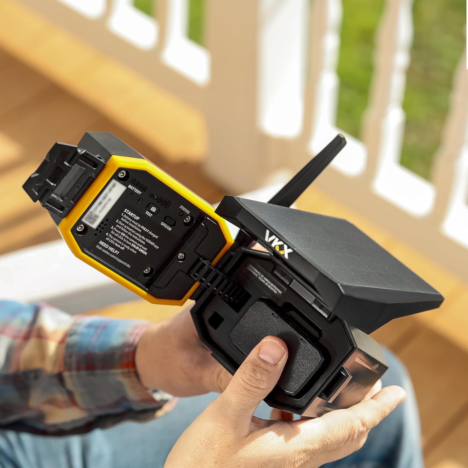 Vosker VKX solar-powered 4G LTE outdoor cellular security camera showing weatherproof design and solar panel for energy.