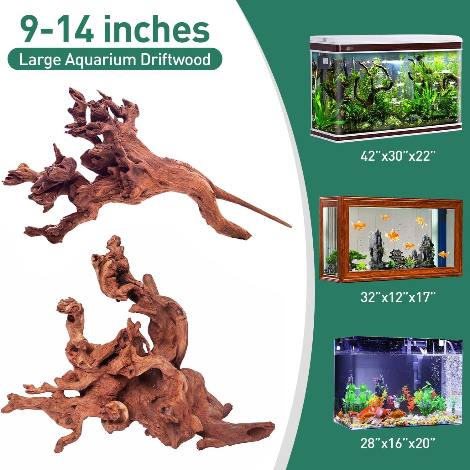 WDEFUN natural driftwood for aquarium decor, 2-piece set with large pieces measuring 10 to 14 inches, suitable for aquatic tanks.