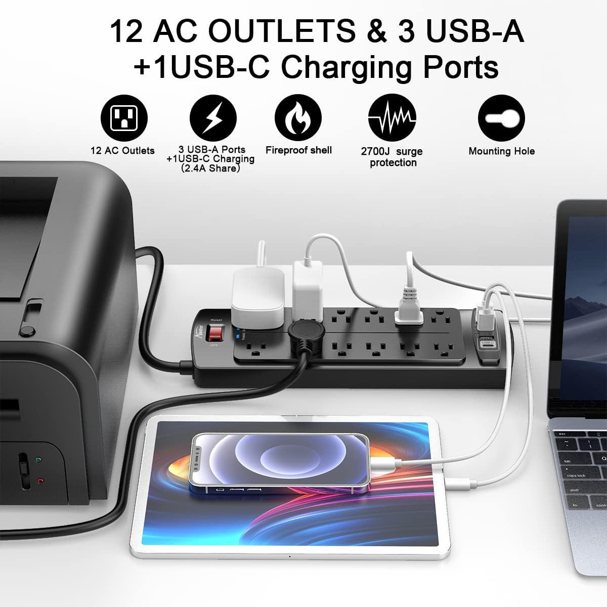 Power Strip, ALESTOR Surge Protector with 12 Outlets and 4 USB Ports, 6 Feet