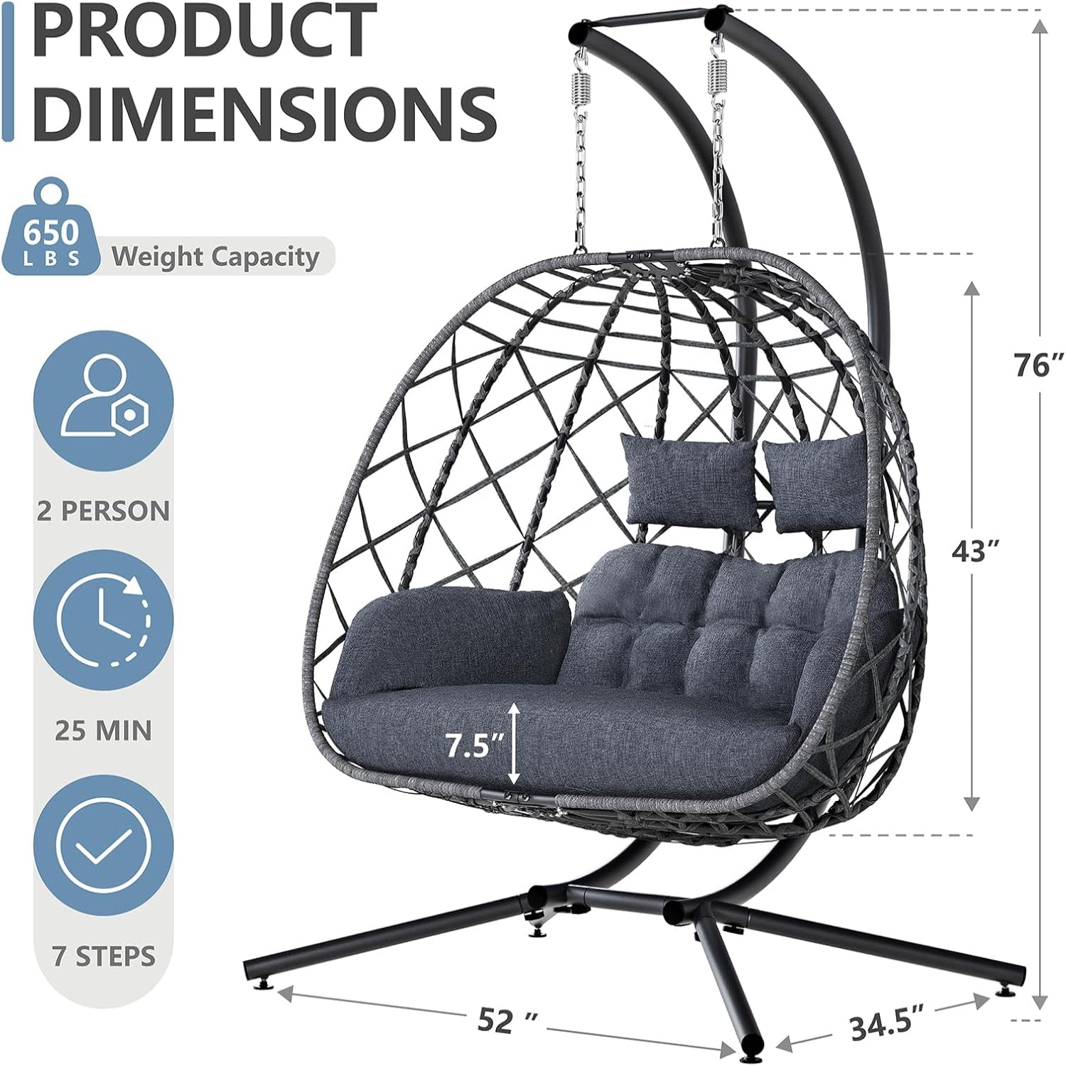 SWITTE double egg swing chair with stand, designed for outdoor or indoor use, featuring comfortable seating for two people.