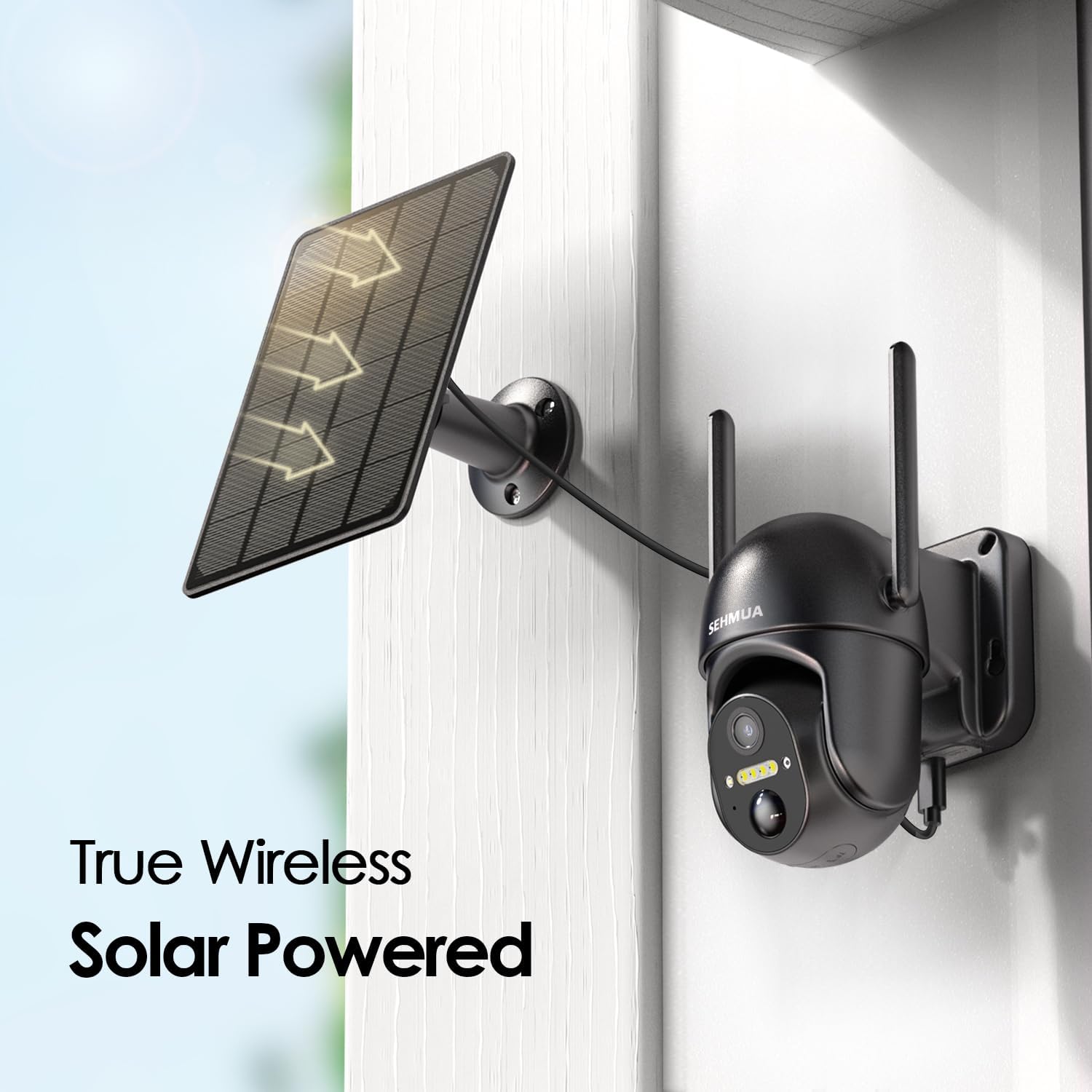 SEHMUA wireless outdoor security camera with 2K resolution and 360° view, battery-powered for home security monitoring.