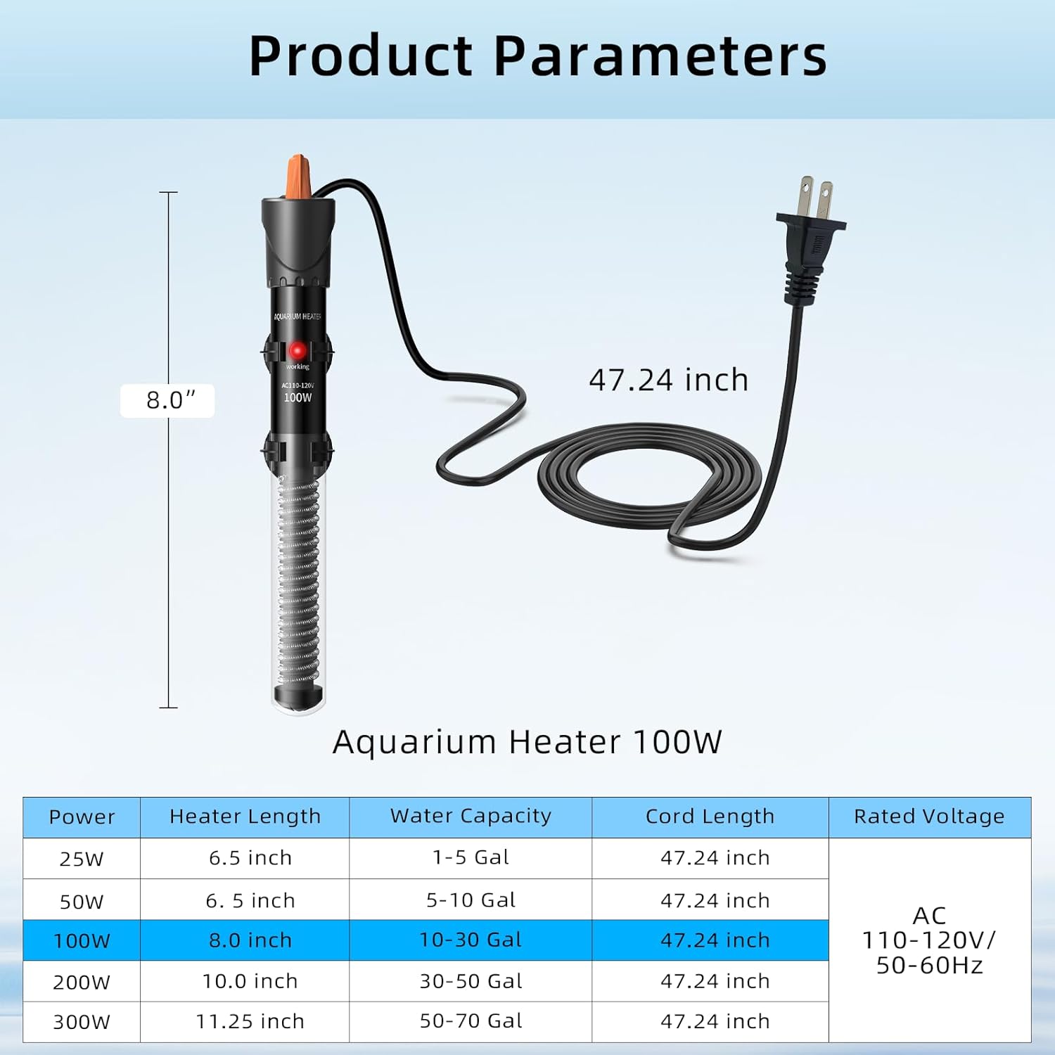 HiTauing adjustable aquarium heater in black with temperature control dial, available in 25W to 300W for fish tank heating.