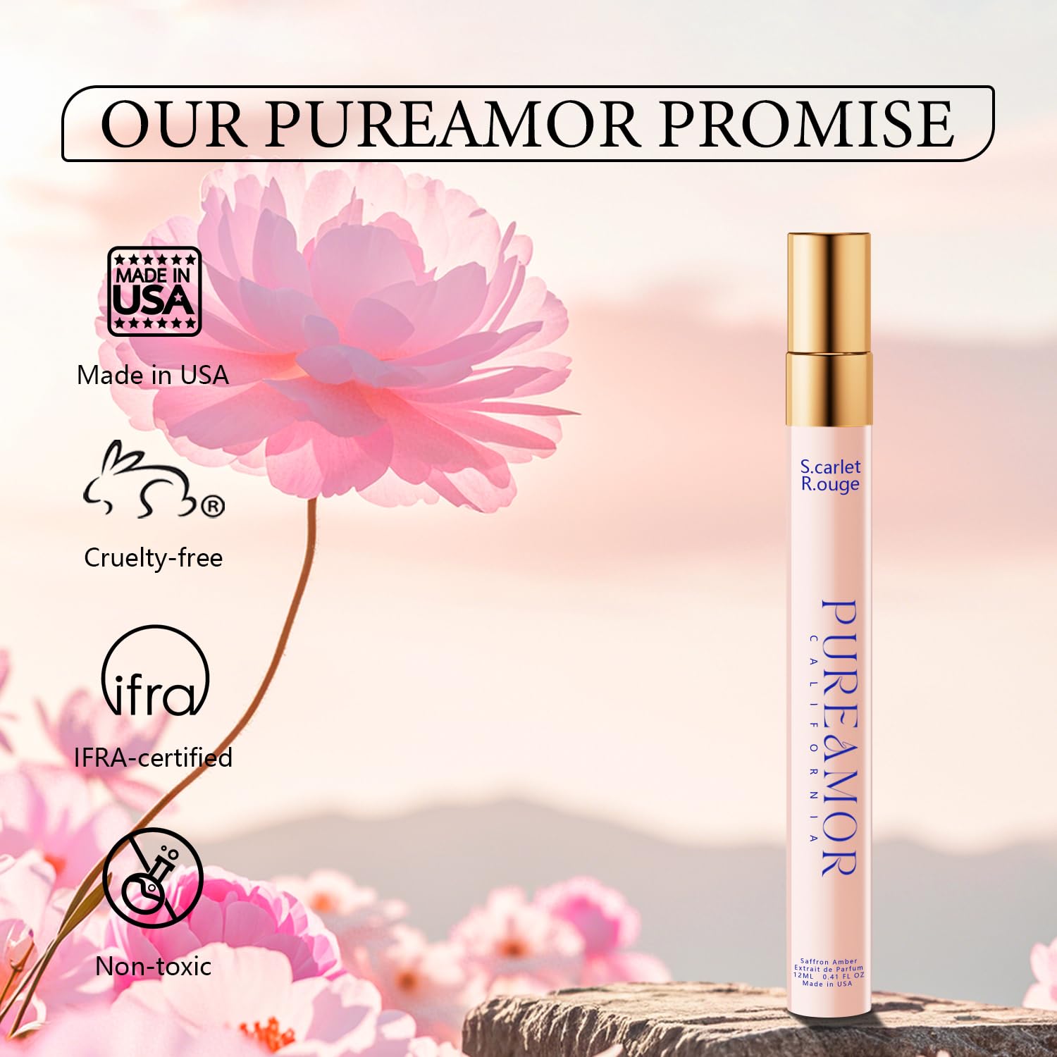PUREAMOR Saffron Amber perfume for women, long-lasting eau de parfum bottle with elegant design and golden accents.