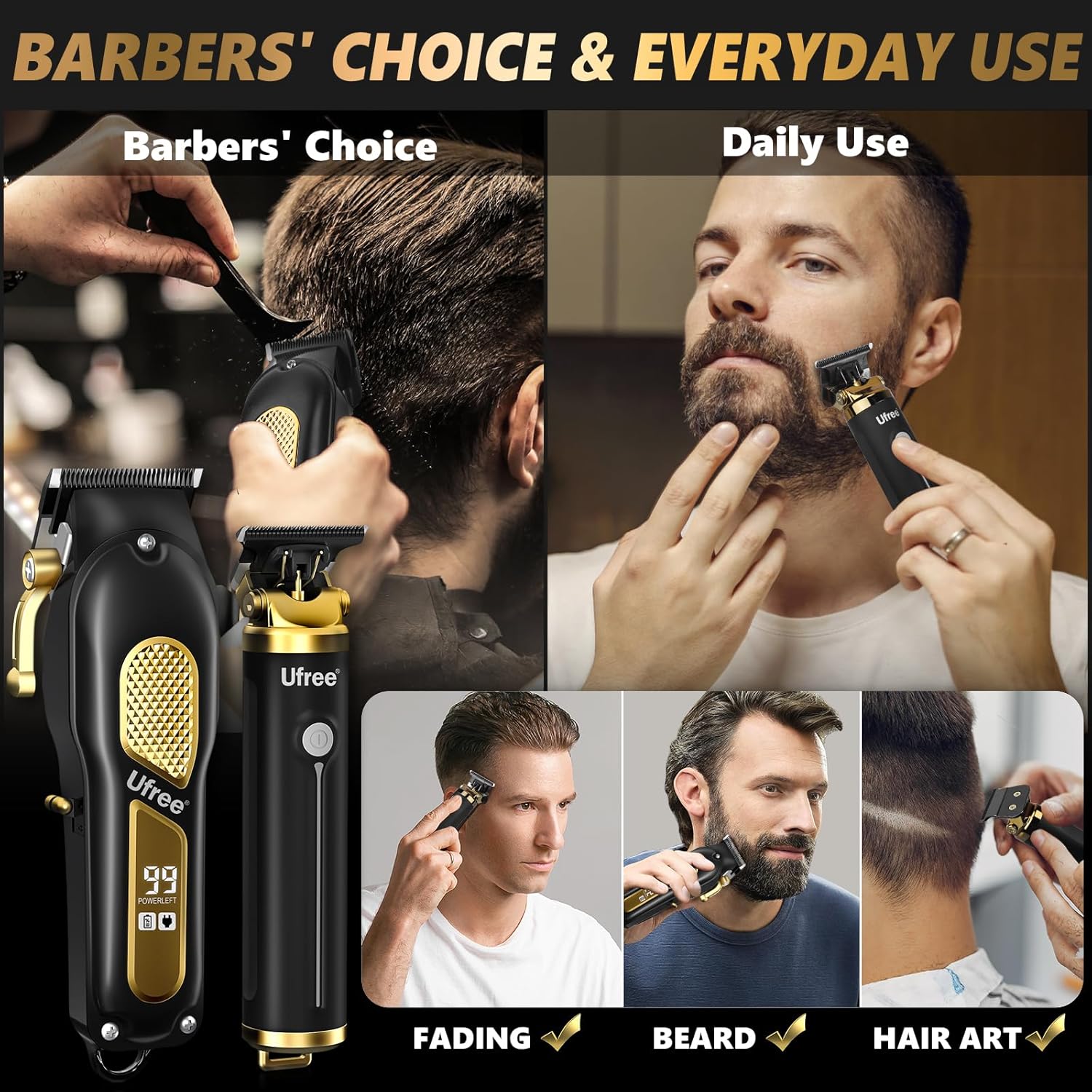 Ufree professional cordless hair clippers and trimmers set for men, shown with detachable blades and ergonomic design.