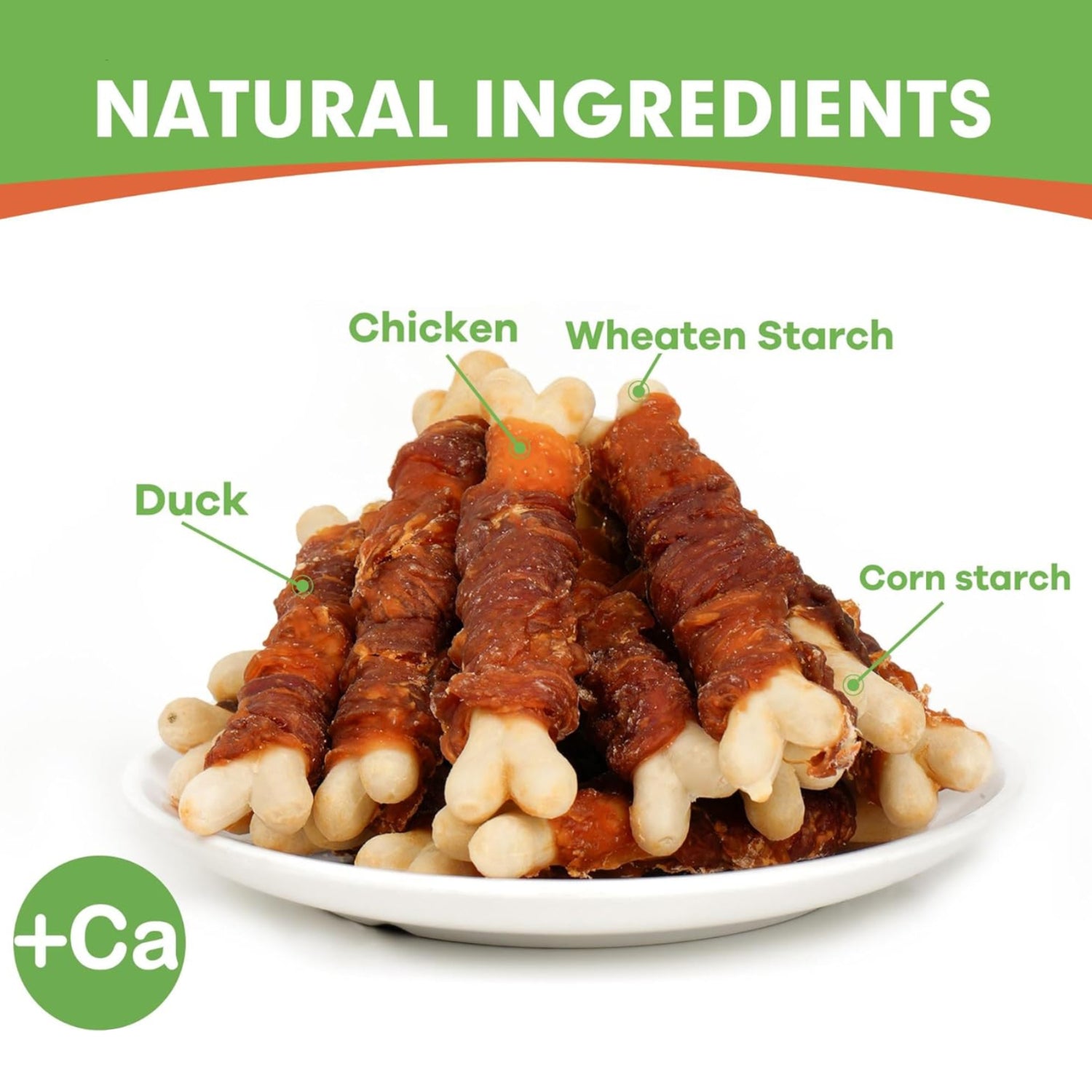 MON2SUN double flavor dog treats featuring 4-inch chicken and duck wrapped calcium bones for dogs.