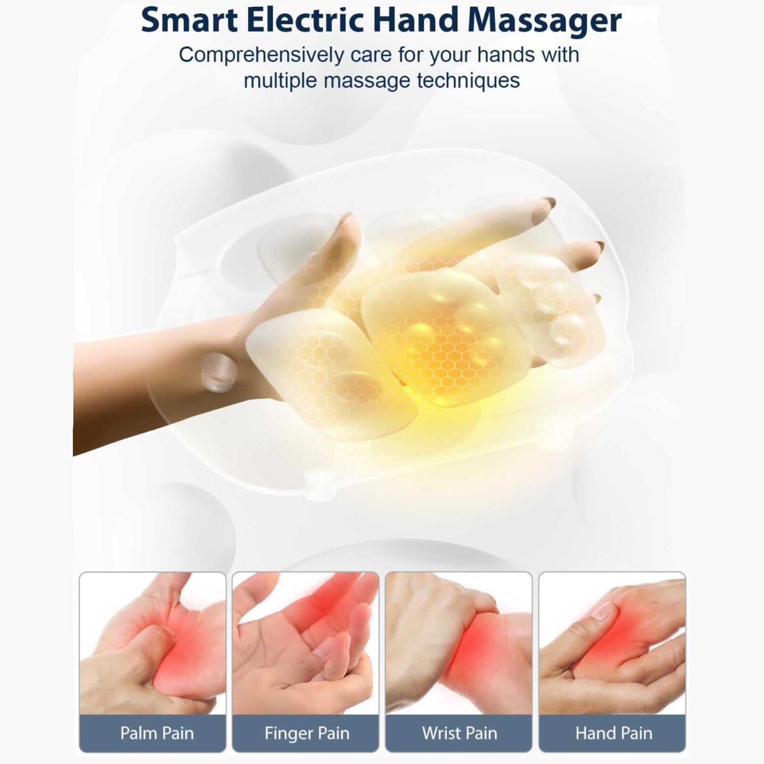 CINCOM cordless hand massager with heat and compression features, shown in use on a person's hand for relaxation and pain relief.