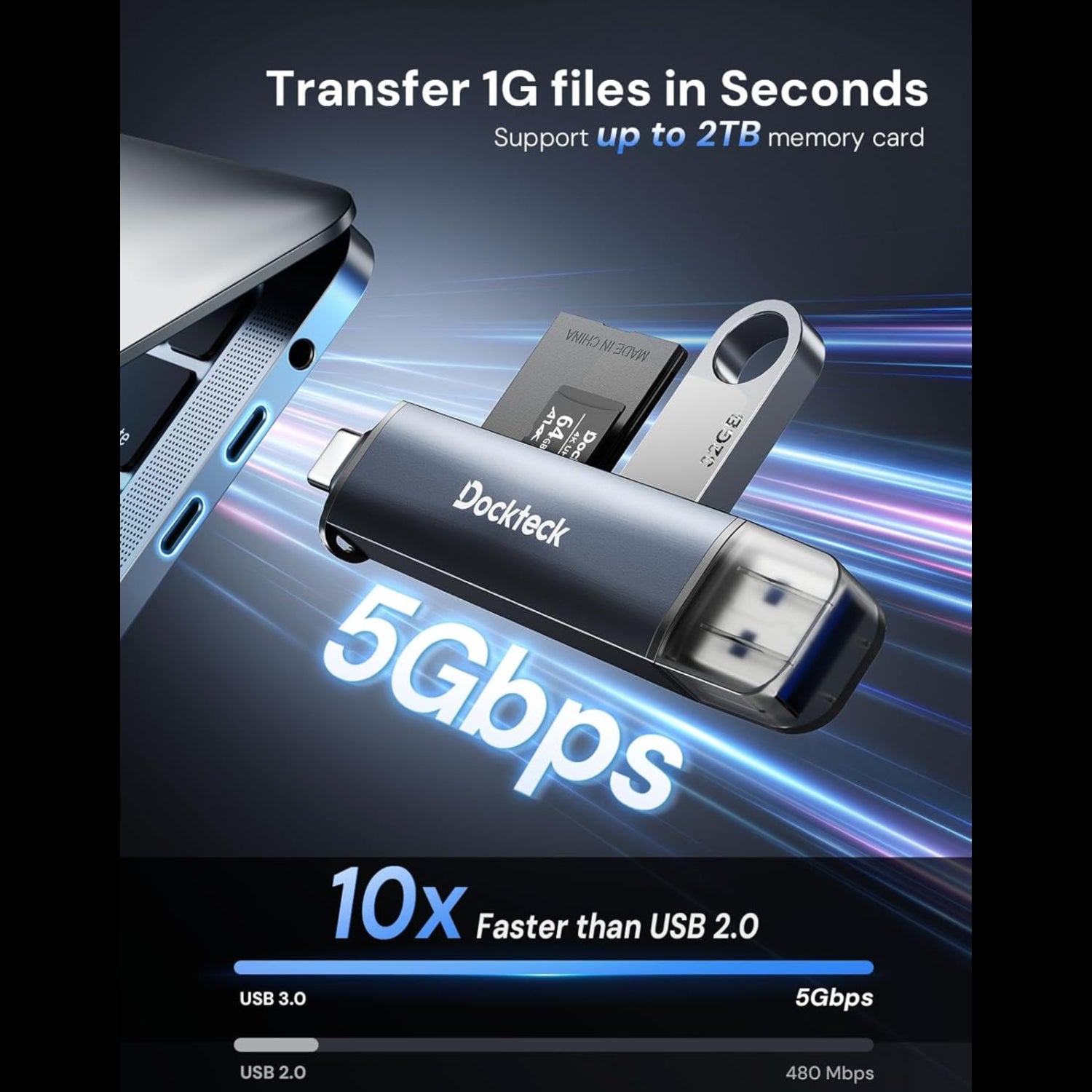 Dockteck SD Card Reader with 3 slots, USB 3.0 super speed card reader for SD and TF cards, compact and portable design.