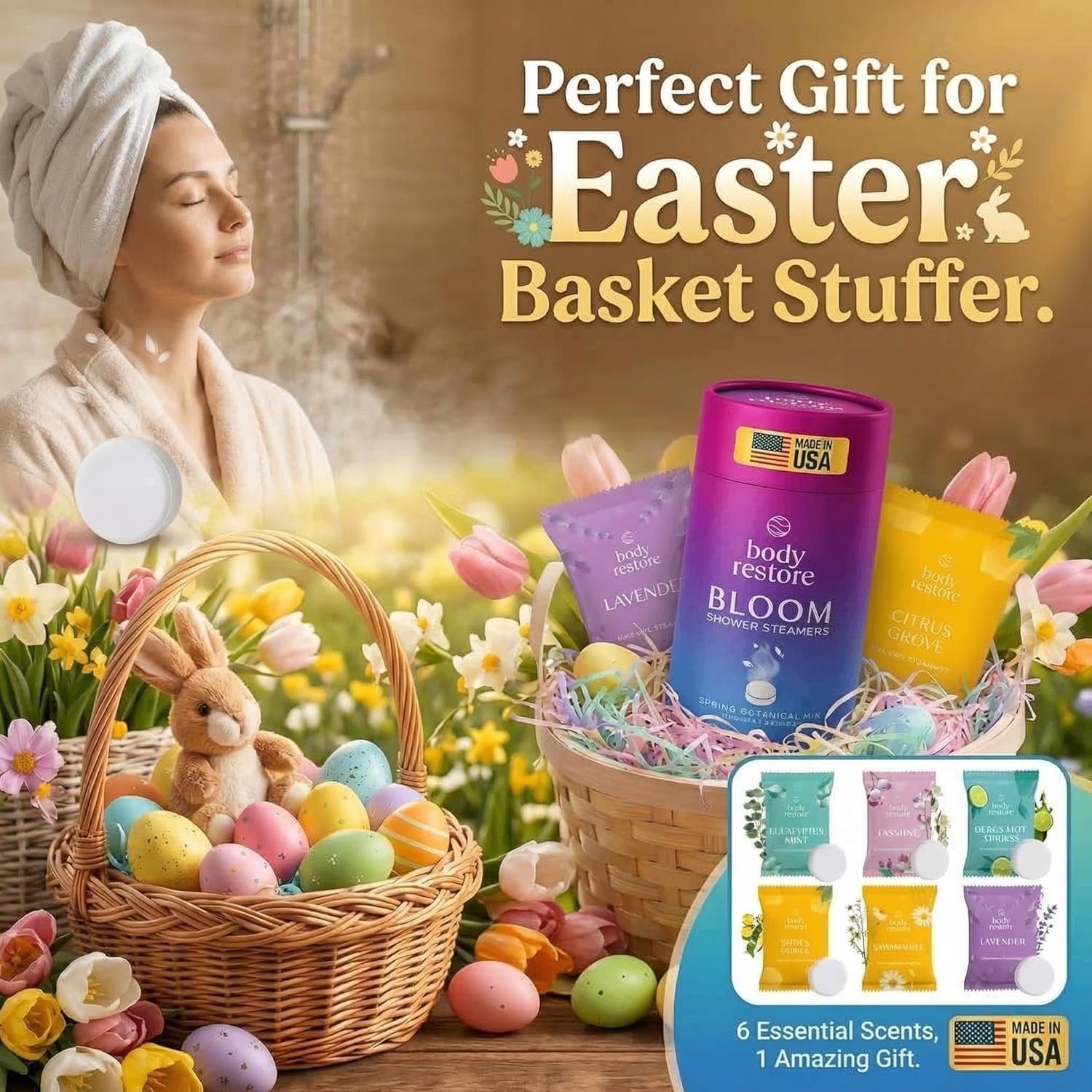 Body Restore Shower Steamers Aromatherapy 6-pack, colorful bath bombs with floral and herbal scents for a relaxing shower experience.