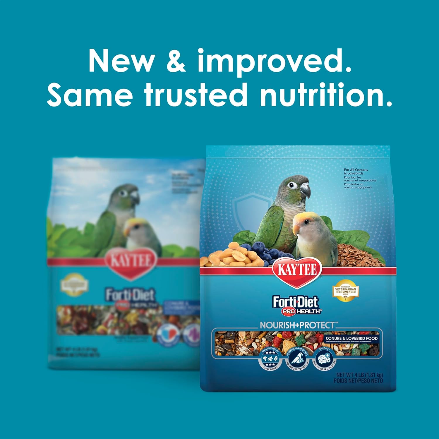 Kaytee Forti-Diet Pro Health Nourish+Protect bird food bag with conure and lovebird nutrition, featuring colorful birdseed and pellets.
