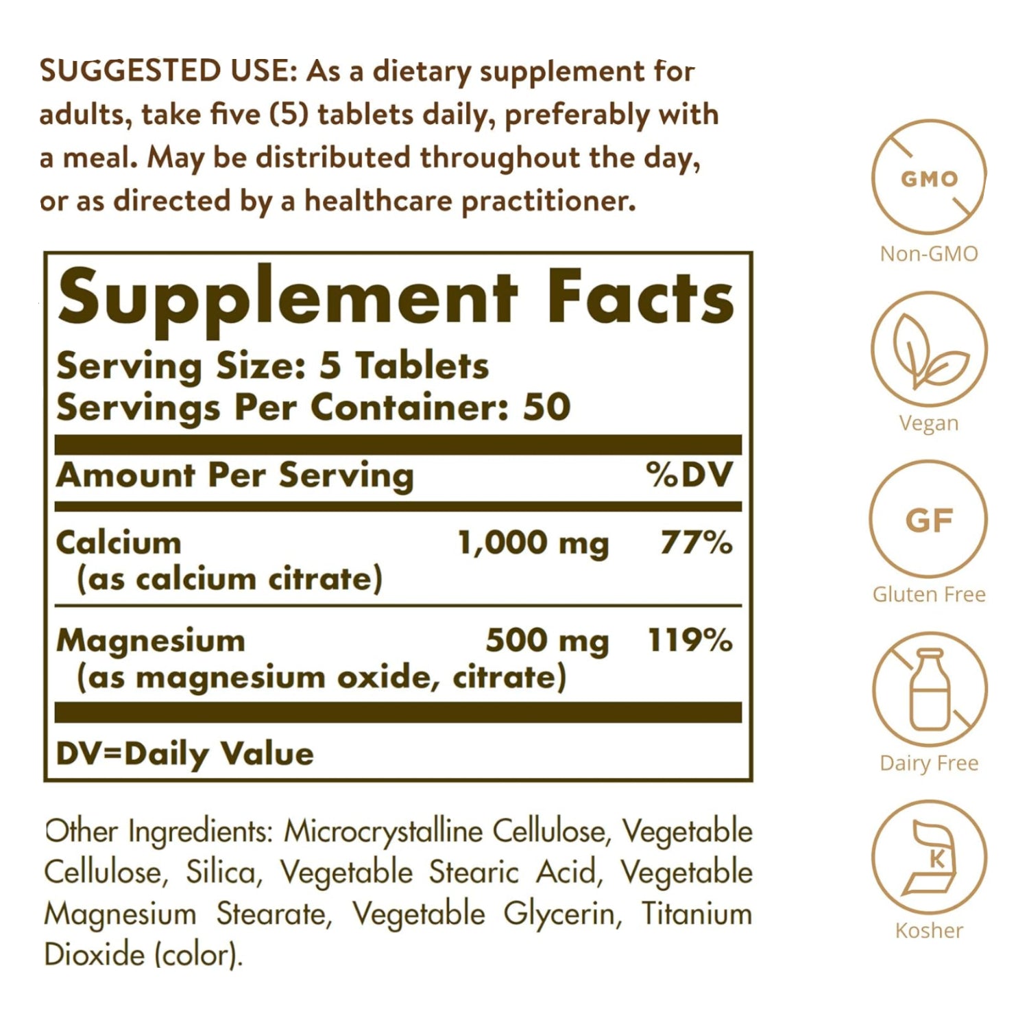 Supplement label with dietary information and icons indicating properties like GMO, Vegan, Gluten Free, Dairy Free, and Kosher.