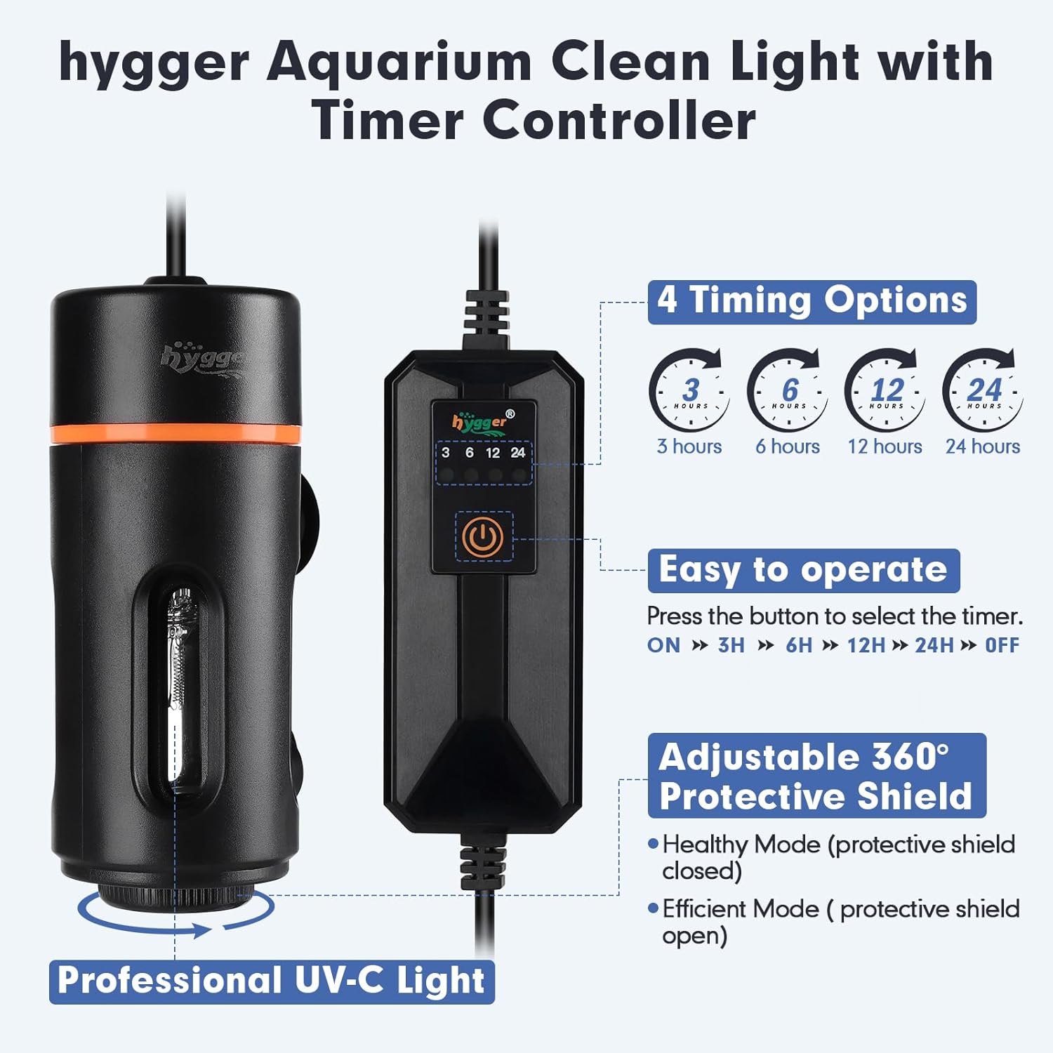hygger Aquarium U-V Light with Timer showing the sleek white U-shaped light fixture with protective shield for freshwater or saltwater tanks