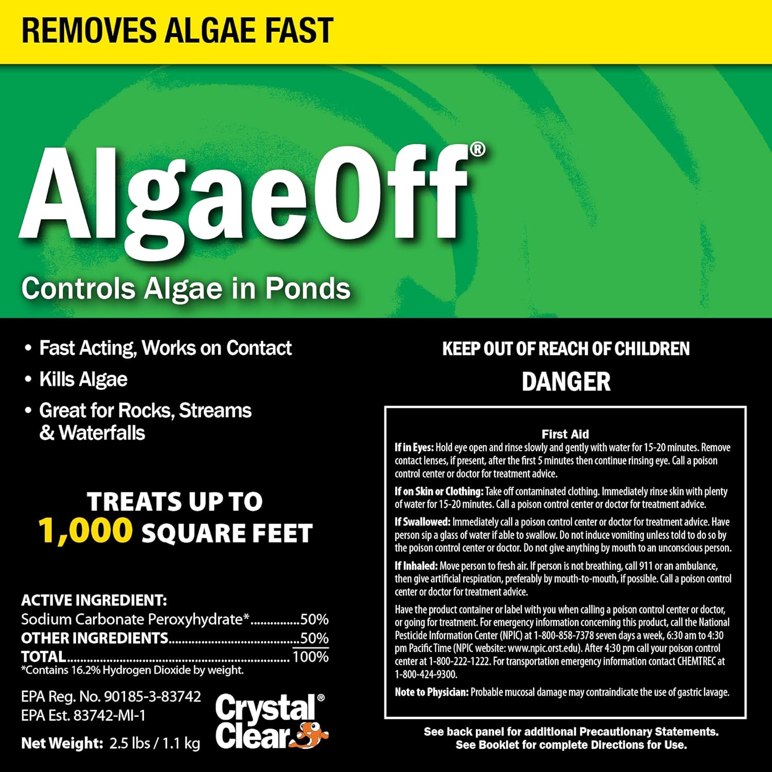CrystalClear AlgaeOff pond and water garden scum cleaner for waterfalls, designed to remove algae and improve water clarity.