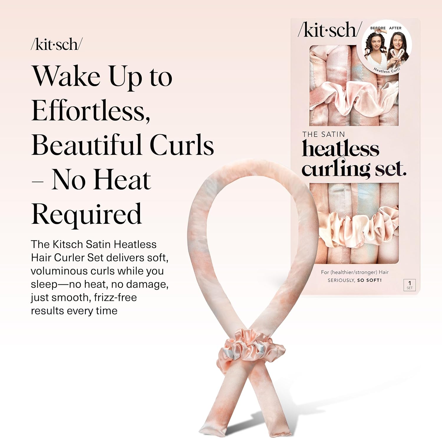 Kitsch satin heatless curlers set with 34-inch hair curlers for overnight curling, shown arranged on a flat surface.