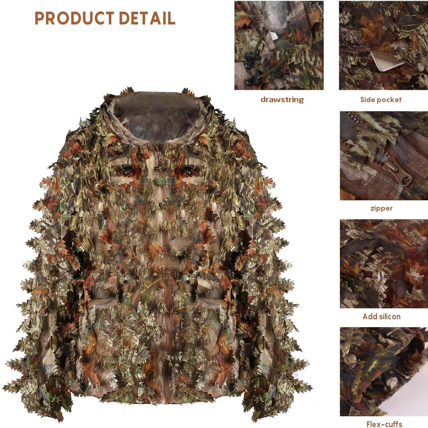 EAmber ghillie suit with 3D leaf camouflage pants designed for hunting, featuring natural leaf patterns and adjustable fit for heights 5.9-6.3 ft.