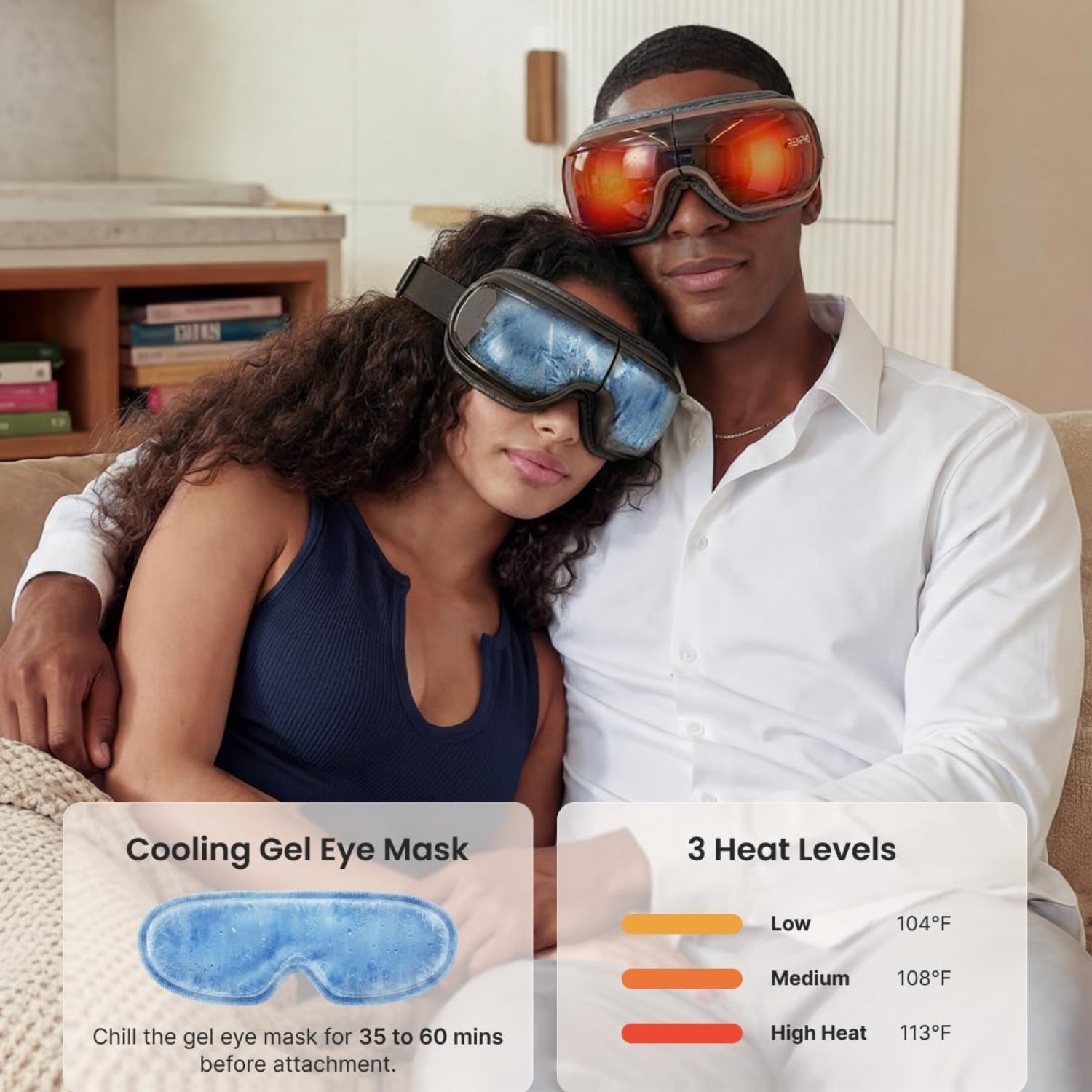 RENPHO Eyeris 3 eye massager with heat and cooling functions, showing a sleek black device with control buttons and eye pads.