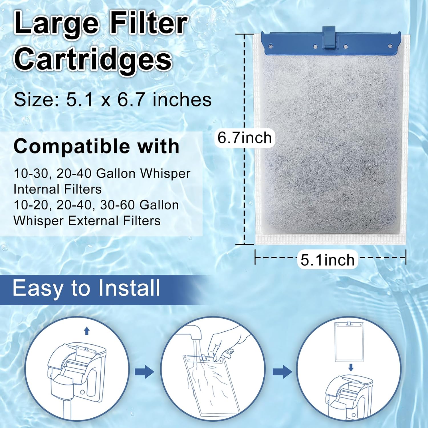 Six Pryitier filter cartridges compatible with Whisper Bio-Bag filters, showing cylindrical design and packaging.