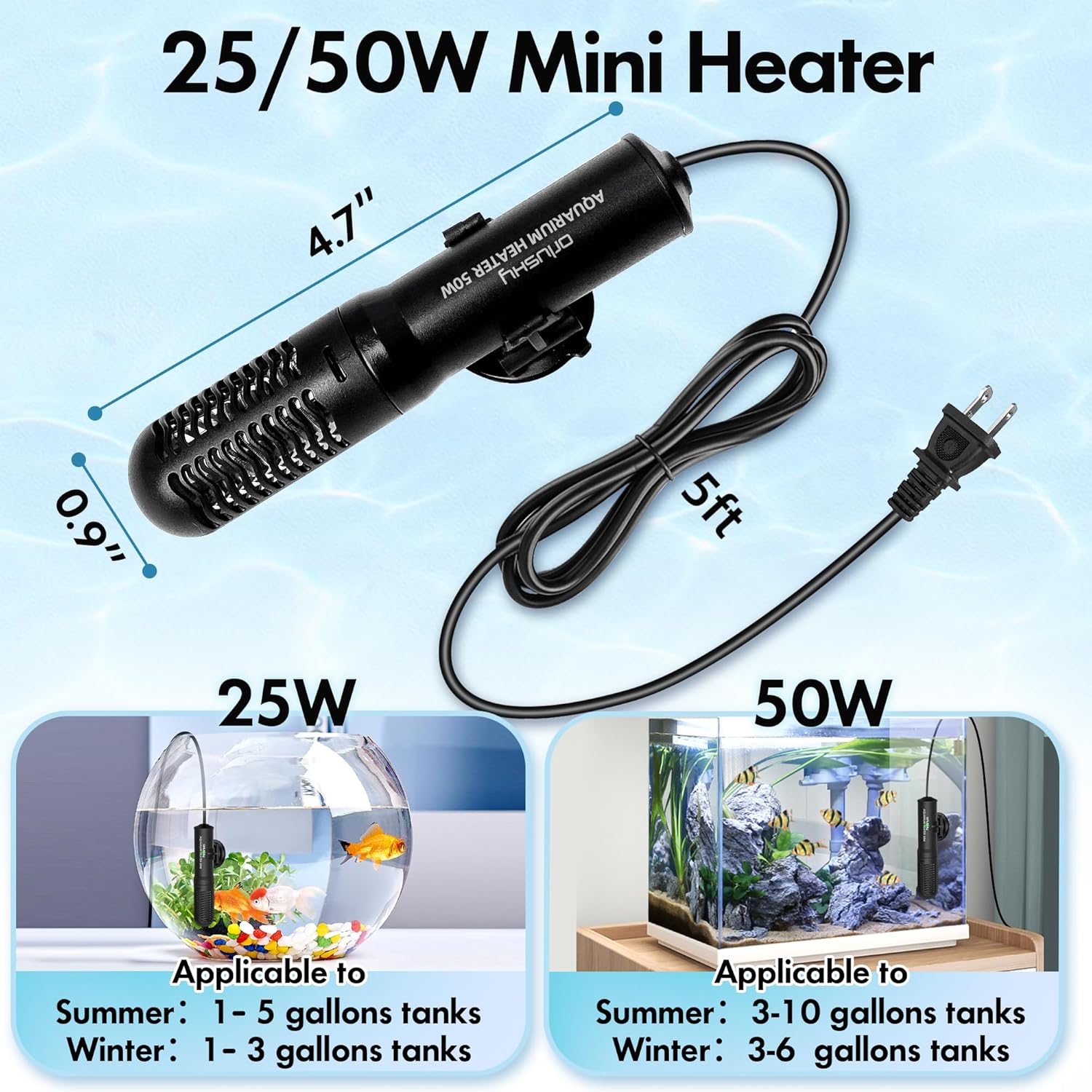 Orlushy 25W Small Submersible Aquarium Heater, Constant Temperature