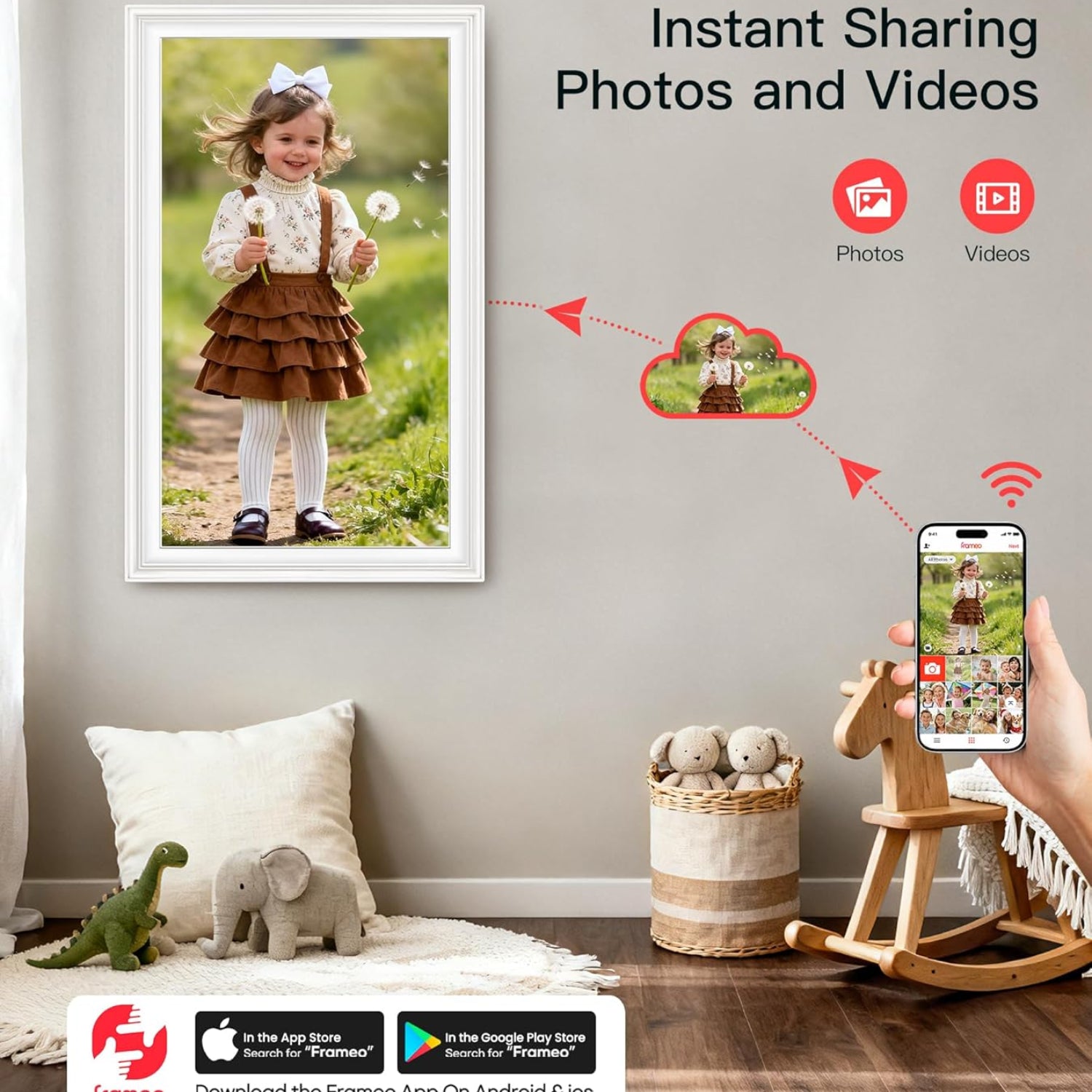 BIGASUO 15.6-inch digital picture frame with WiFi, Frameo interface, 64GB storage, displaying colorful family photos.