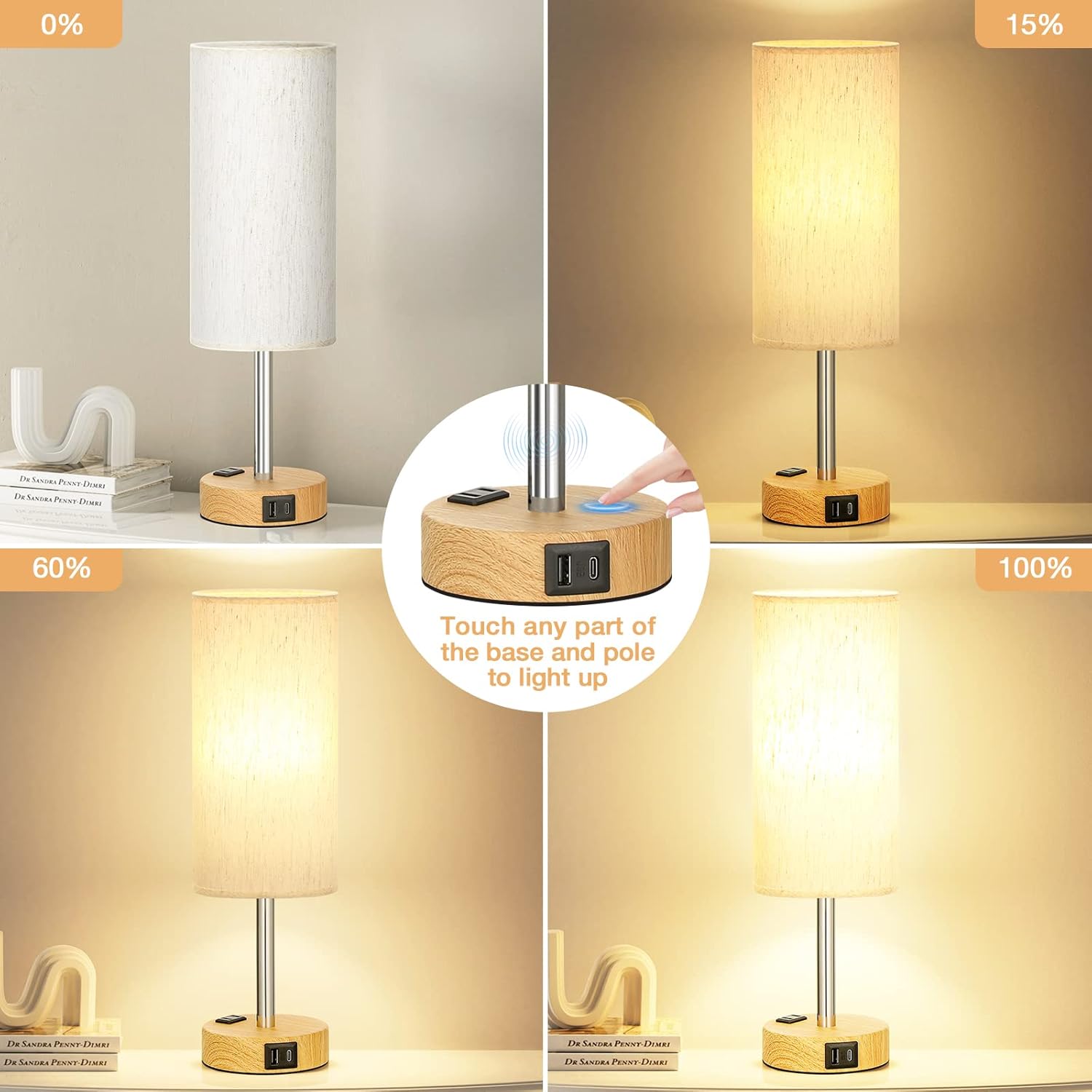 Fenmzee bedside table lamp for bedroom with touch control, 3-way dimmable light and USB C charging port on a wooden nightstand.