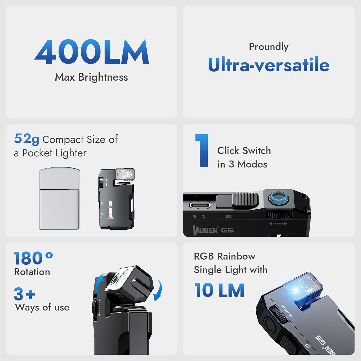 WUBEN G5 Rechargeable EDC Flashlight, 400 Lumens Dual Light Sources Mini Flashlight