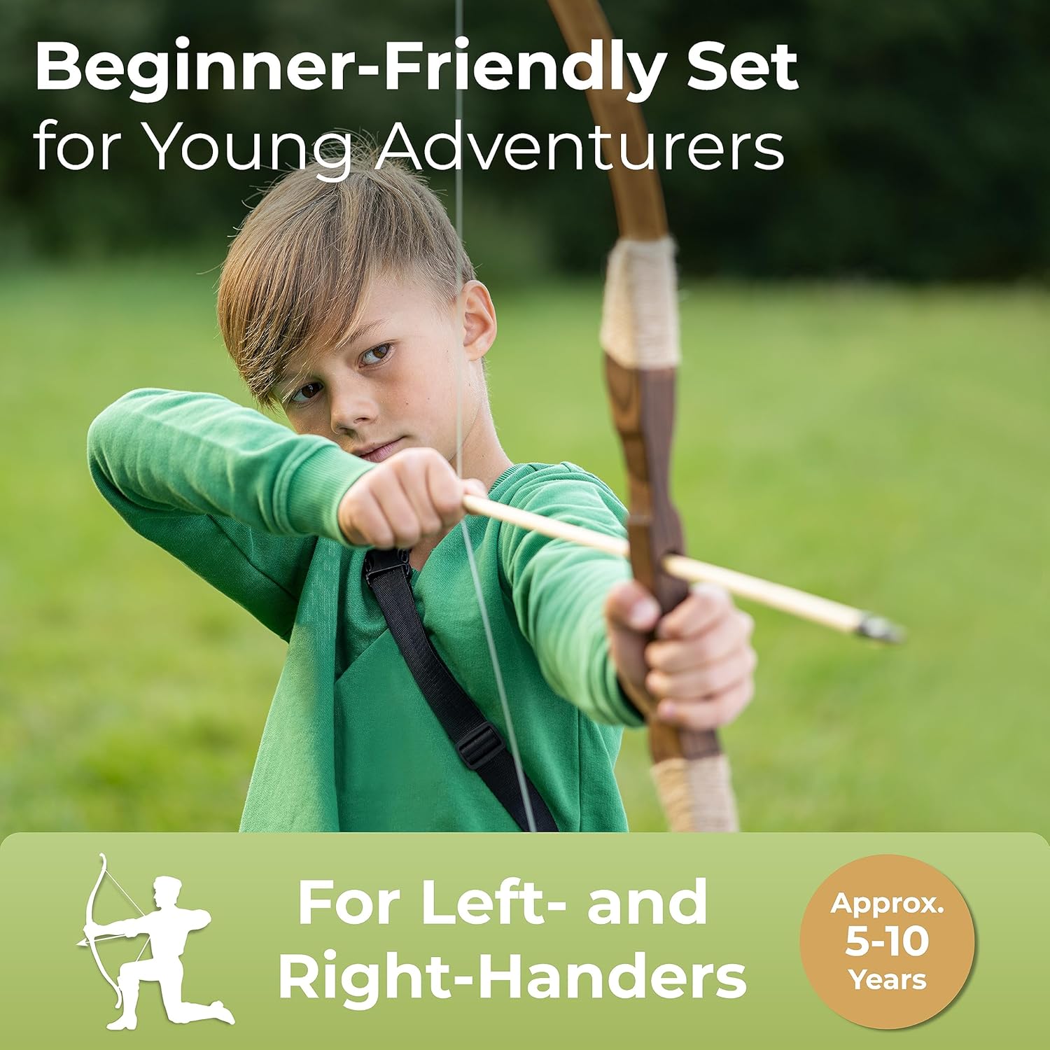 BOWRILLA wooden bow and arrow set for kids with 10 colorful arrows and quiver, ideal for safe outdoor archery play.