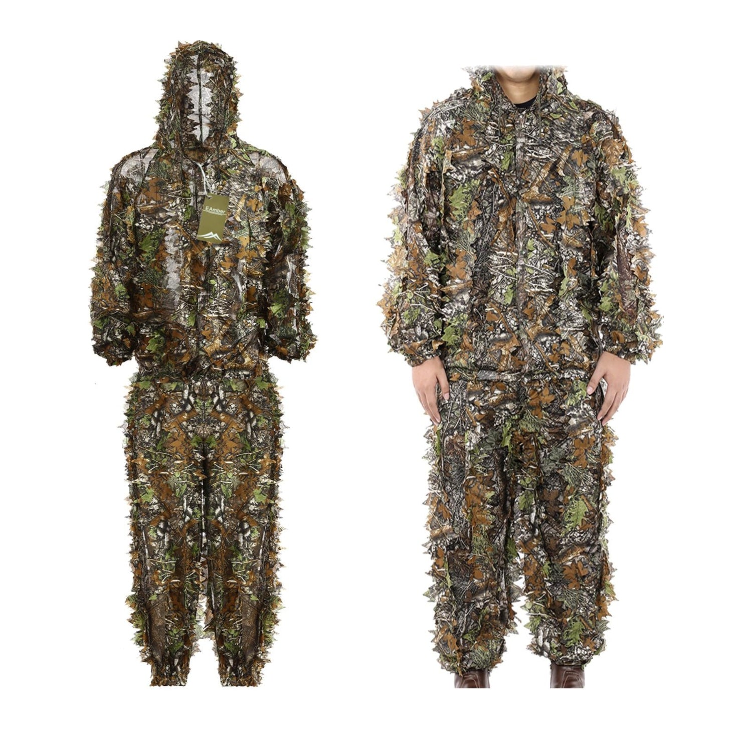 EAmber ghillie suit with 3D leaf camouflage in leafy green forest pattern, designed for hunting and outdoor concealment