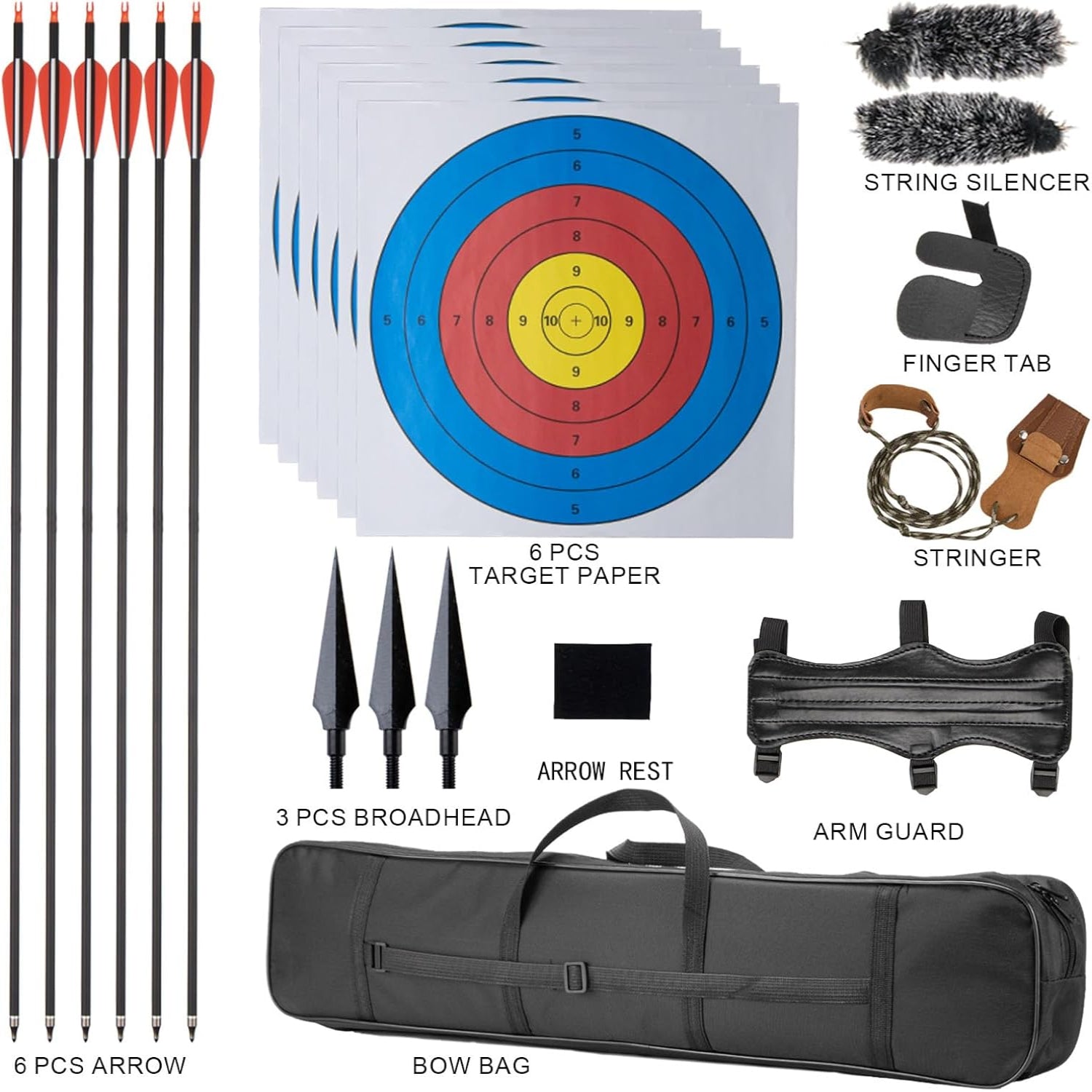 GQT professional recurve bow and arrow set for adults and youth, showing the bow, arrows, and a target in the background.