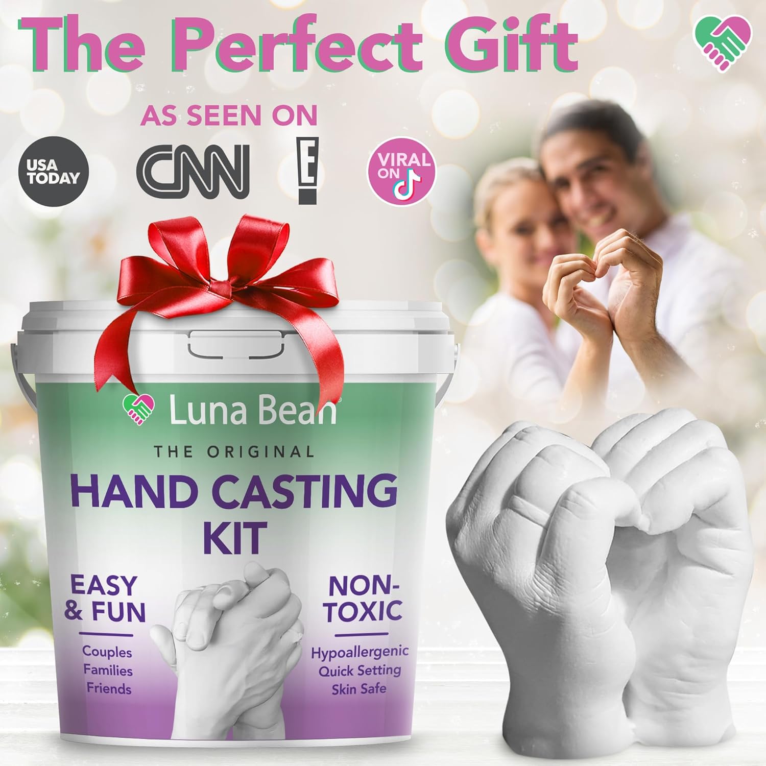 Luna Bean hand casting kit with mold materials, tools, and instructions for creating hand sculptures, perfect for couples or gifts.