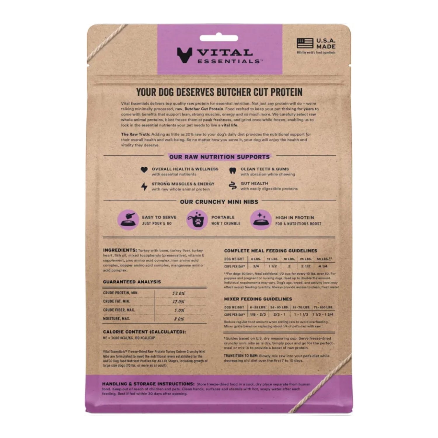 Vital Essentials freeze-dried raw turkey mini nibs for dogs in a 14 oz bag, crunchy and suitable for healthy pet nutrition.