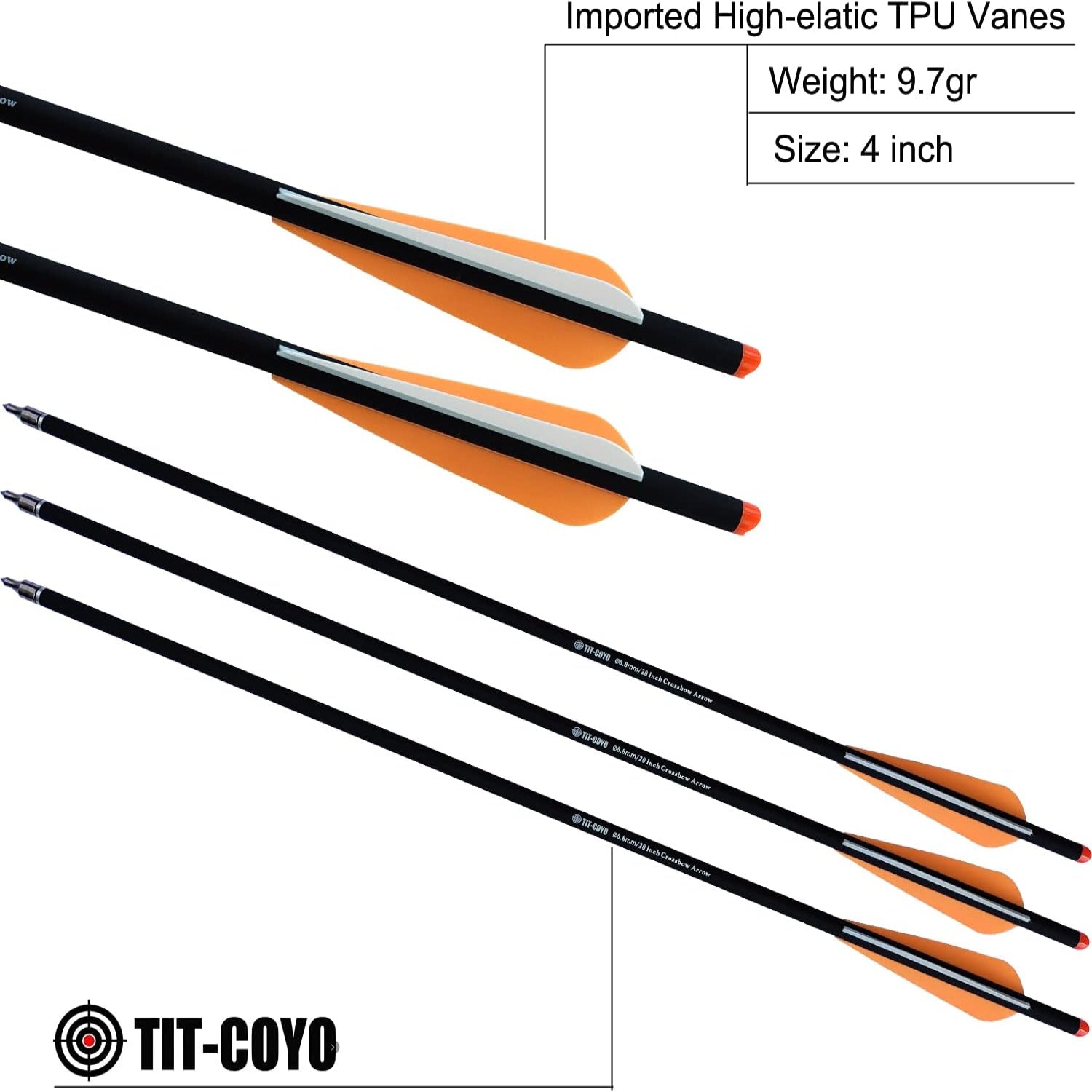 TIT-COYO 20-22 inch carbon crossbow bolts with broadheads set, featuring sleek design and precision tips for hunting or target shooting.