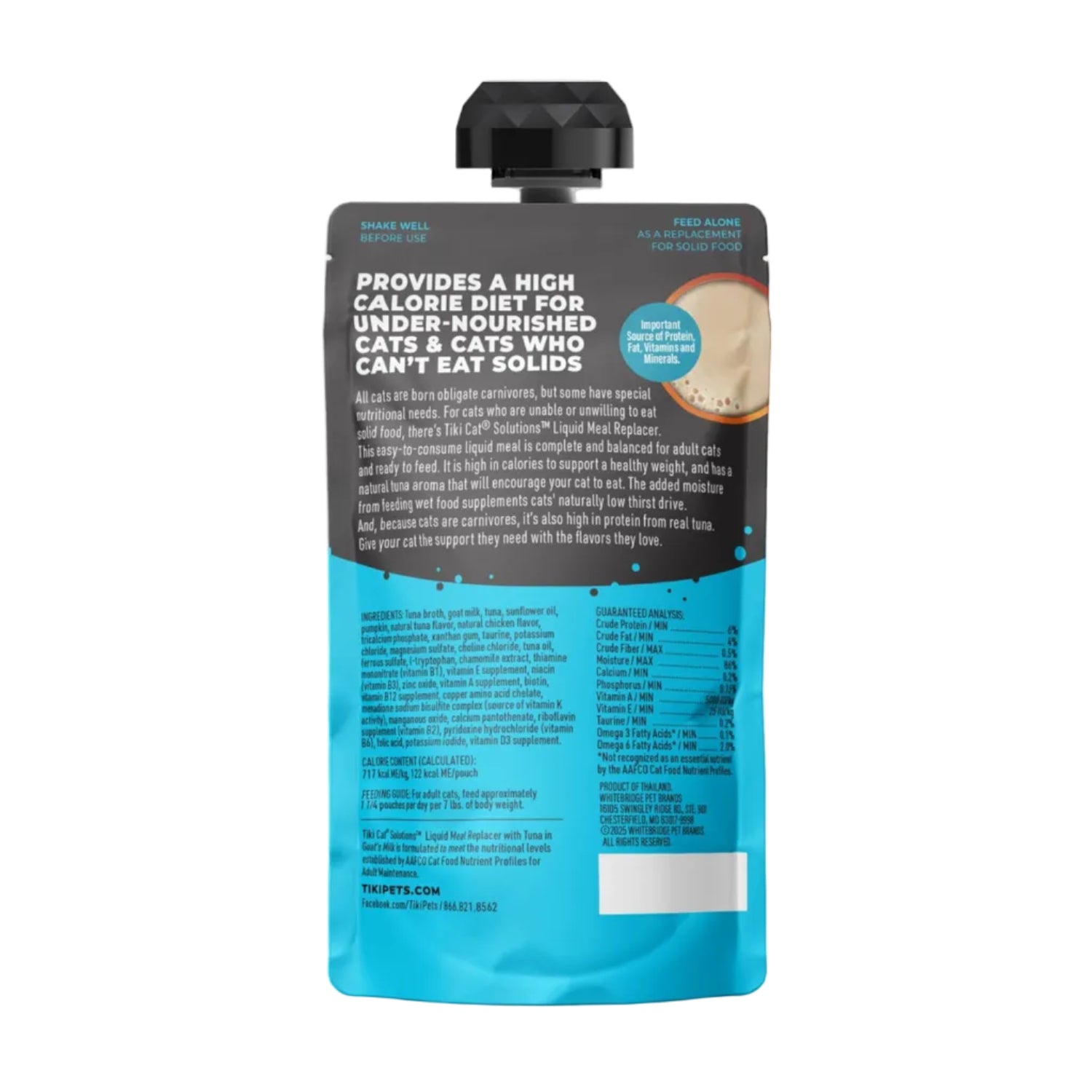 Tiki Cat Solutions liquid cat food with tuna in goat's milk, in a convenient wet food pouch, for feline nutrition and hydration.