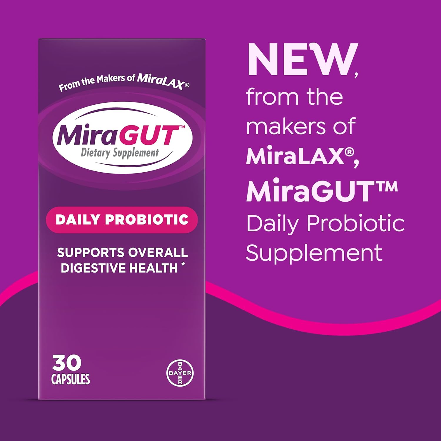 MiraLAX MiraGUT Daily Probiotic bottle showing the label with probiotics for digestive health in a clear, close-up view