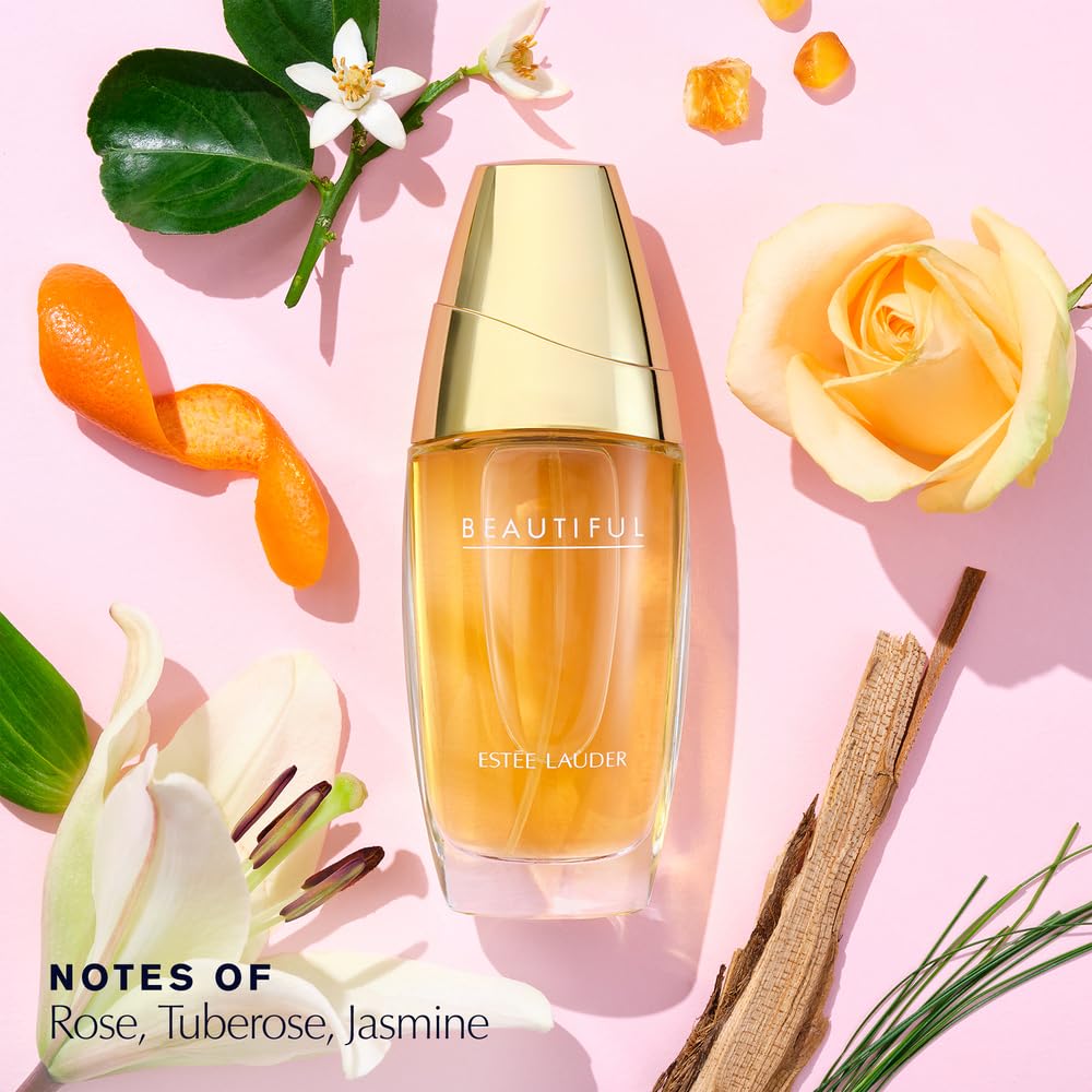 Estée Lauder Beautiful Eau de Parfum spray featuring floral notes of rose, lily, tuberose, and orange flower for women.