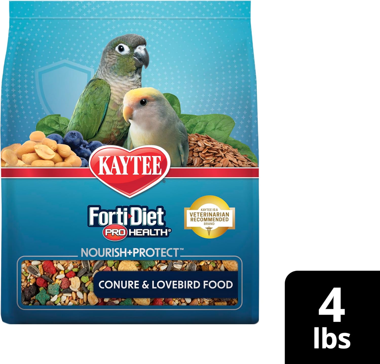 Kaytee Forti-Diet Pro Health Nourish+Protect conure and lovebird food bag showing colorful packaging and product branding.