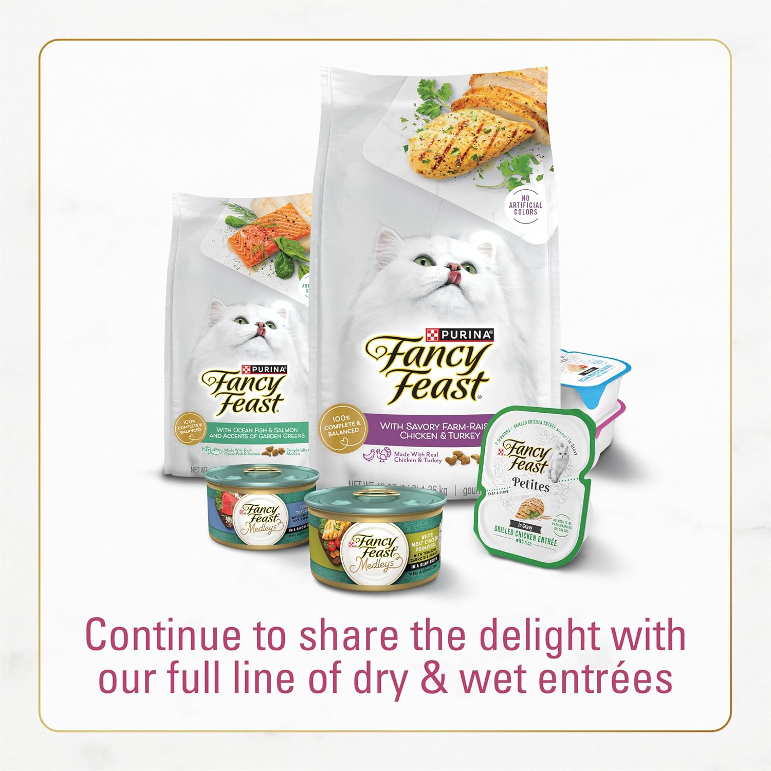 Bag of Fancy Feast dry cat food with filet mignon flavor, seafood, and shrimp, 12 lb. bag, showing the product packaging.