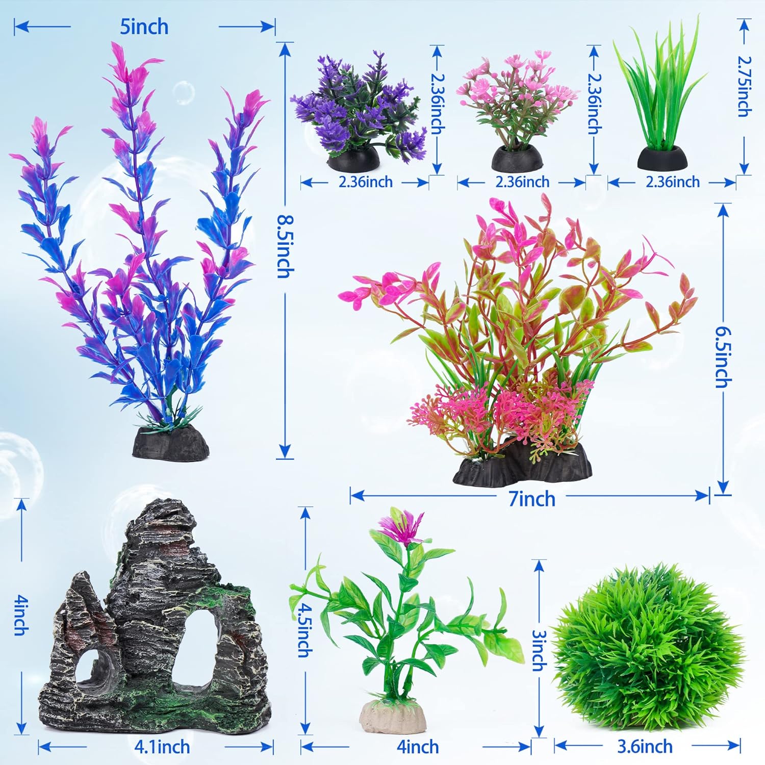 Ameliade aquarium artificial plastic plants with rock cave decoration for freshwater fish tank setup