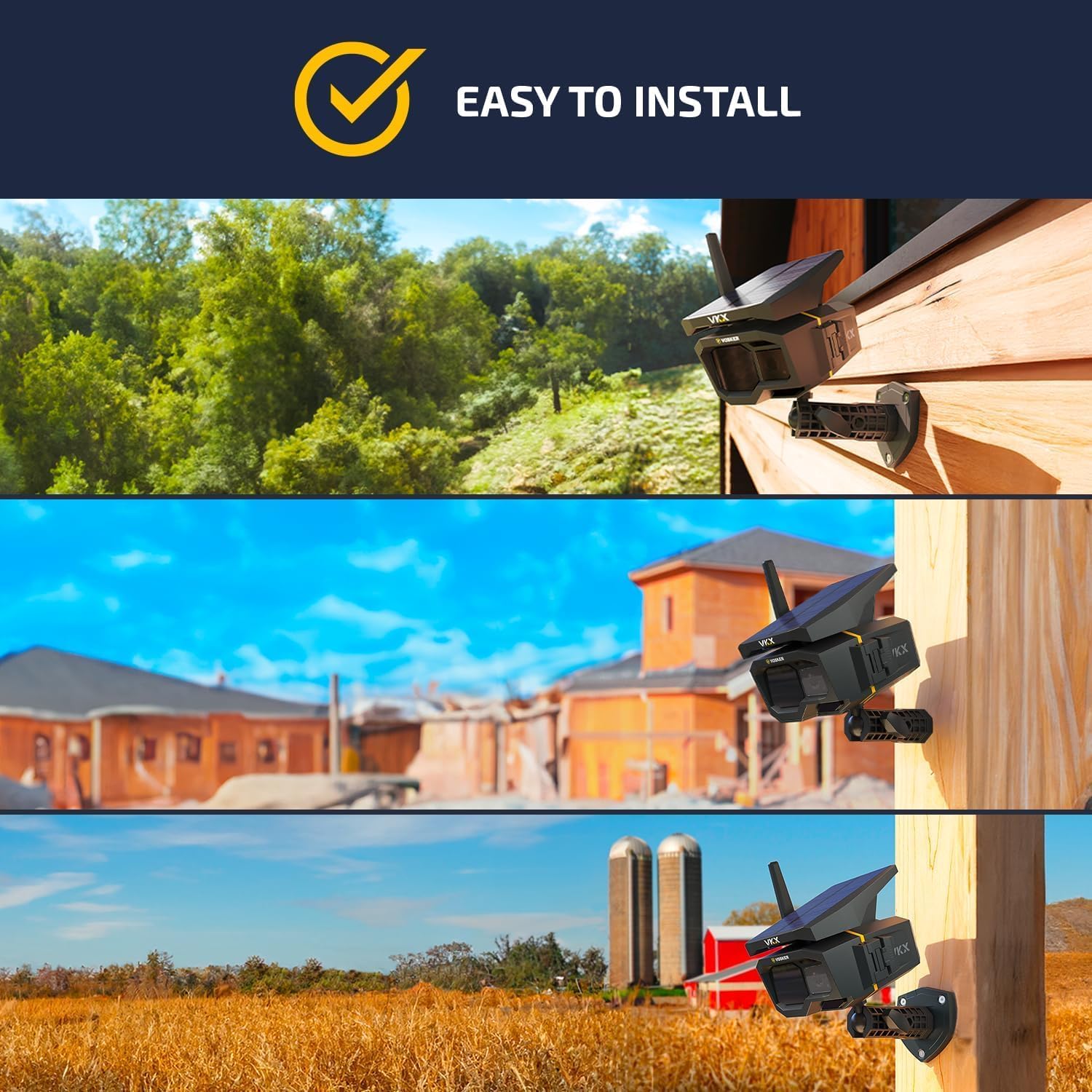 Vosker VKX solar-powered 4G-LTE outdoor cellular security camera with weather-resistant housing and mounting bracket.
