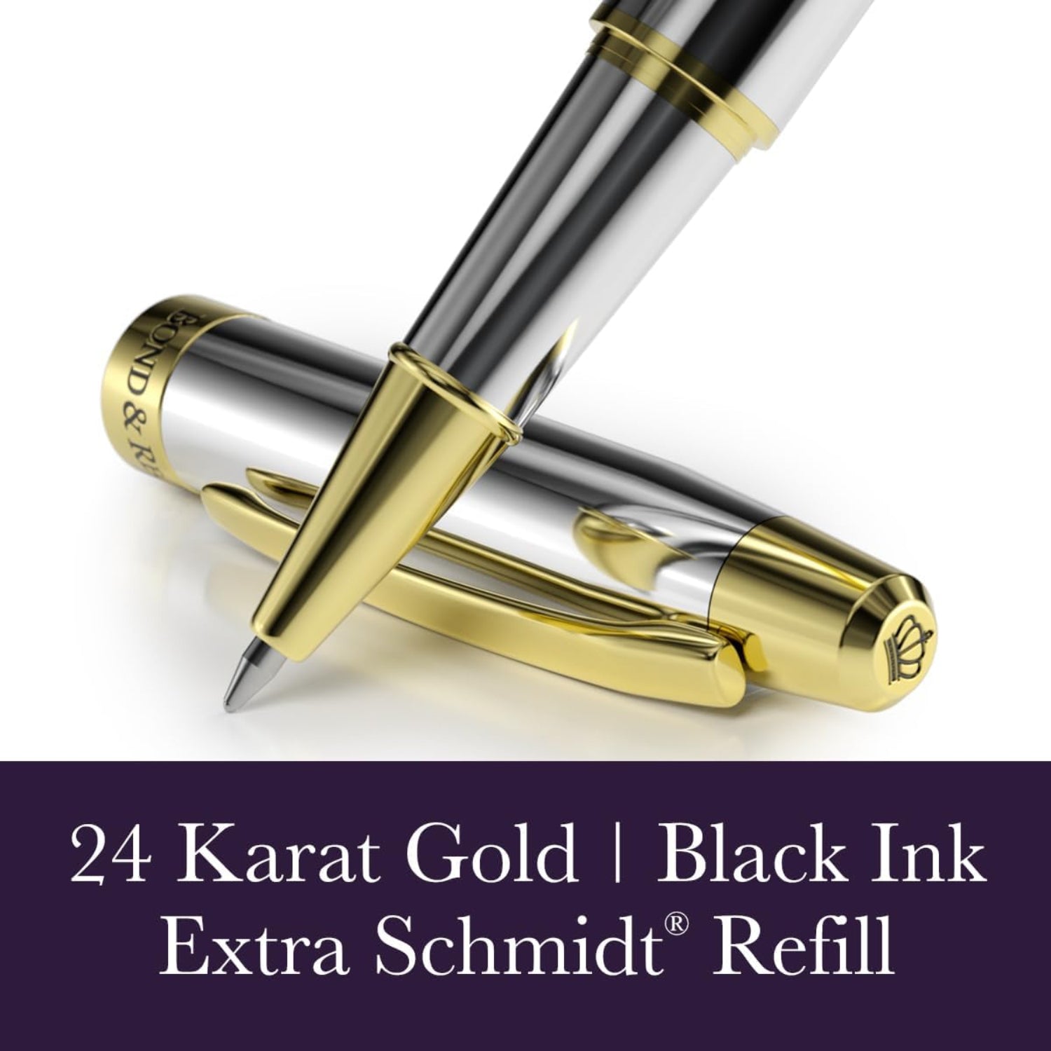 Bond & Regent 24K gold luxury rollerball pen with silver chrome finish, sleek and elegant writing instrument.